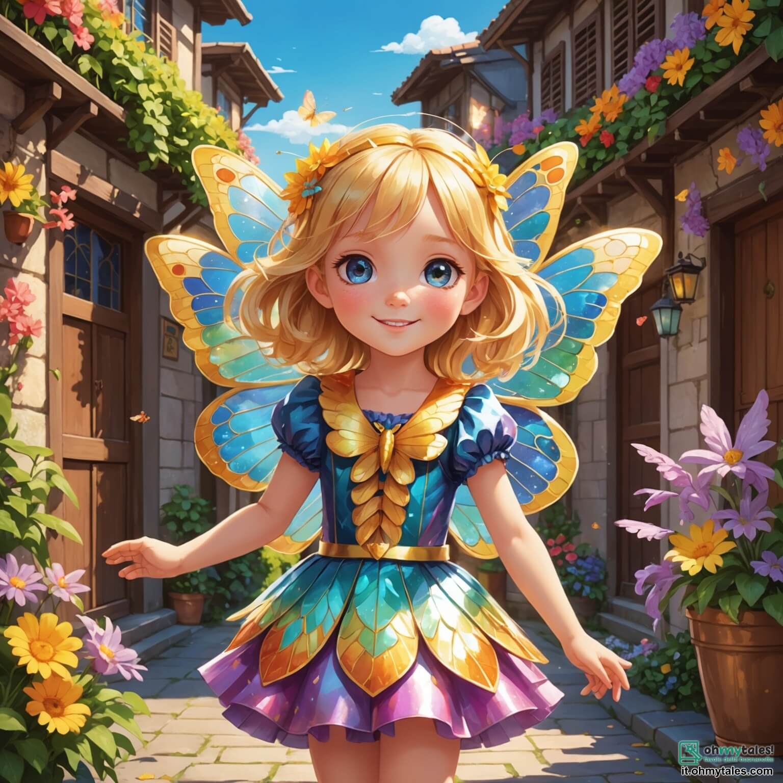 Une illustration destinée aux enfants représentant une petite fille aux cheveux blonds scintillants comme les rayons du soleil, vêtue d'un costume de farfalle aux ailes chatoyantes qui brillent de mille feux, qui s'apprête à vivre une aventure magique lors d'un carnaval flamboyant dans un village pittoresque où les rues sont bordées de maisons colorées aux volets en bois et aux balcons ornés de guirlandes de fleurs, entourée de son meilleur ami, un garçon intrépide au manteau rouge vif, alors qu'ils s'élancent joyeusement dans une place animée où résonnent les rires des enfants, les mélodies entraînantes des musiciens et le doux parfum des friandises sucrées flottant dans l'air, créant une atmosphère festive et enchanteresse.