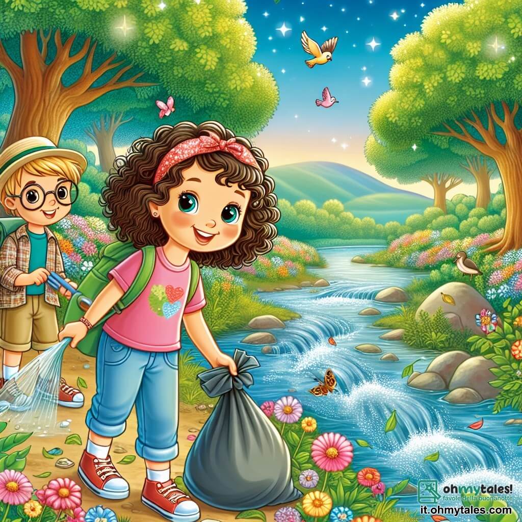 Une illustration sous forme de dessin destinée aux enfants représentant une belle réserve naturelle verdoyante, avec des arbres majestueux et un ruisseau scintillant, où une fille de 11 ans aux cheveux bouclés et aux yeux pétillants, vêtue d'une t-shirt coloré et de pantalons en toile, ramasse des déchets avec un grand sourire, tandis qu'un garçon de son âge, avec des lunettes et un chapeau de paille, l'aide en tenant un sac poubelle, tous deux engagés dans une mission de nettoyage pour protéger leur environnement, entourés de fleurs colorées et d'oiseaux chantants, symbolisant l'importance de la préservation de la nature.