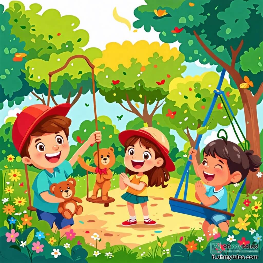 Illustrazione di un parco soleggiato, pieno di alberi con foglie verdi brillanti e fiori colorati. Al centro, una grande altalena di legno e giochi per bambini circondati da un prato verdeggiante. Un ragazzo di circa 8 anni, con capelli castani e un cappello rosso, sorride felicemente tenendo un bastone. Accanto a lui, una ragazza di circa 7 anni, con capelli biondi e un sorriso radioso, applaude con entusiasmo. Un altro ragazzo, di circa 8 anni, con capelli neri e pelle scura, tiene in braccio un orsetto di peluche marrone, guardando con ammirazione. I bambini giocano insieme a un gioco di suoni, dove uno di loro, con gli occhi chiusi, cerca di indovinare chi fa quale rumore. L'atmosfera è piena di risate e gioia, illustrando l'amicizia e la tolleranza tra di loro. Sullo sfondo, altri bambini giocano, creando un ambiente di diversità e armonia.