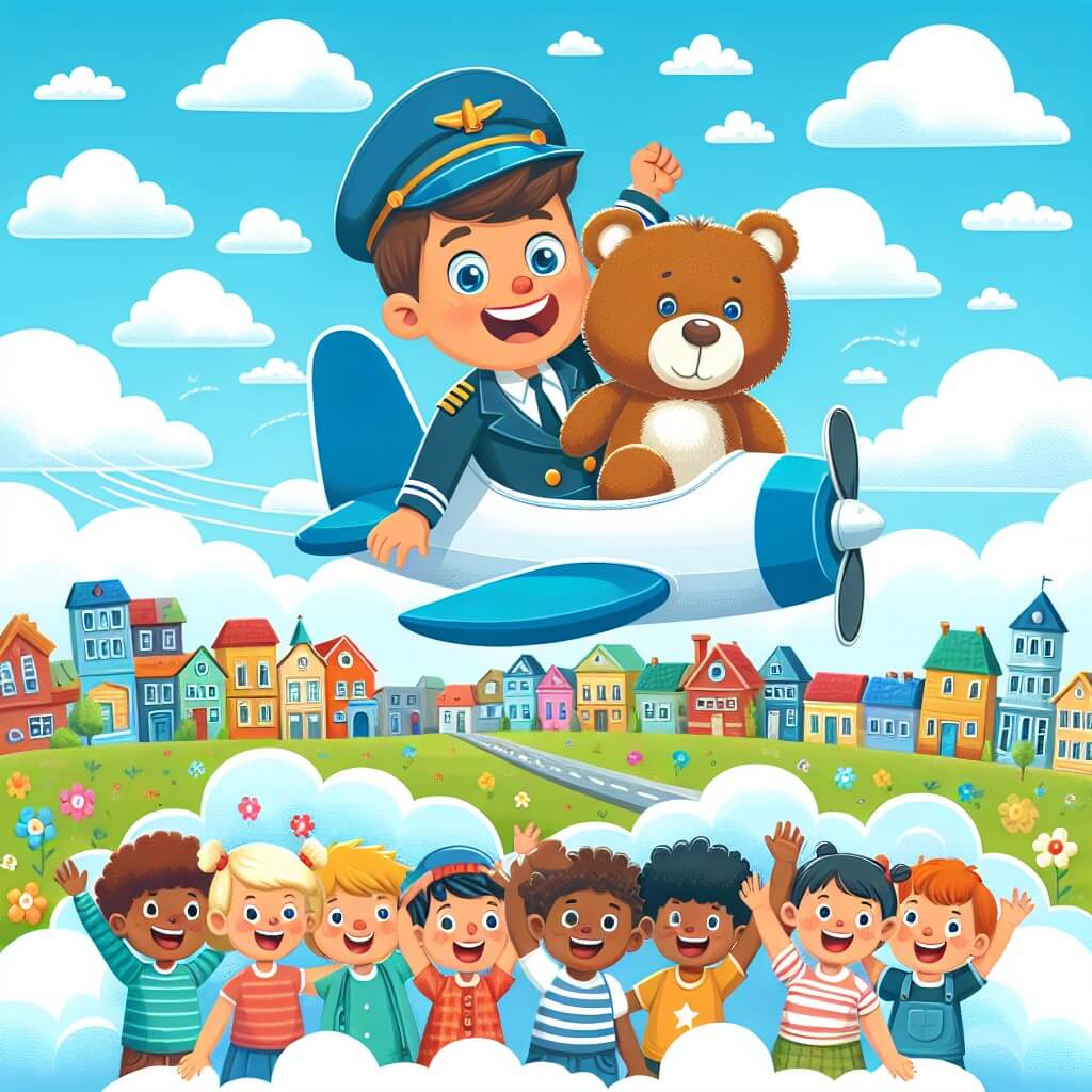 Une illustration destinée aux enfants représentant un jeune pilote d'avion passionné, volant à travers les nuages avec son fidèle ami, un ourson en peluche, dans un ciel bleu parsemé de cotonneuses nuages blancs, au-dessus d'une ville animée avec des maisons colorées et des enfants qui le saluent depuis le sol.