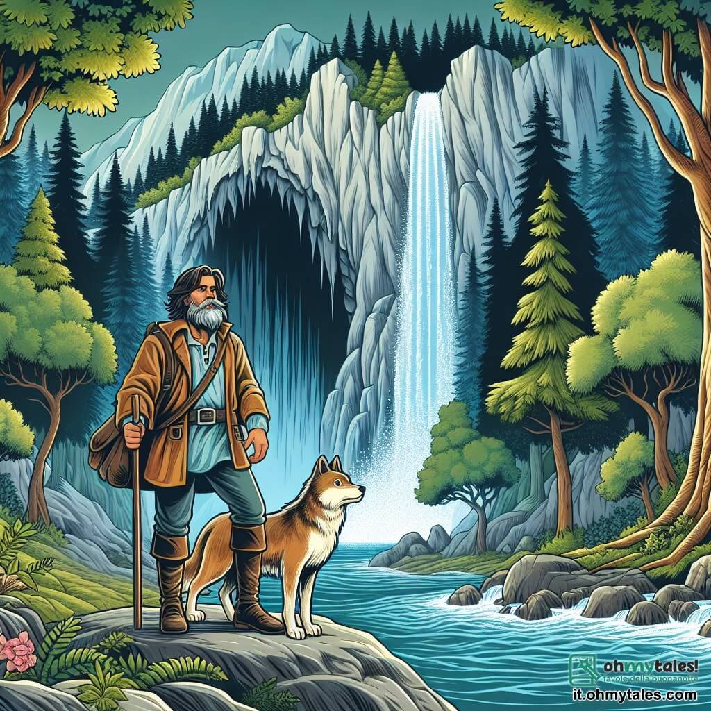 Une illustration destinée aux enfants représentant un explorateur courageux, accompagné d'un fidèle compagnon animal, se tenant devant l'entrée d'une grotte secrète cachée derrière une majestueuse cascade scintillante dans une dense et mystérieuse forêt.