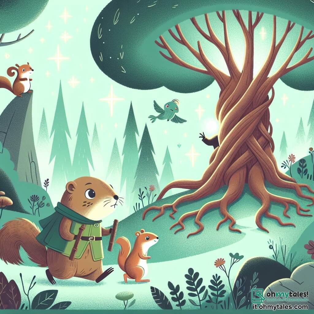 Une illustration destinée aux enfants représentant une marmotte curieuse, se baladant dans une forêt enchantée, accompagnée d'un adorable écureuil, à la découverte d'un arbre magique aux racines semblables à des bras entrelacés.
