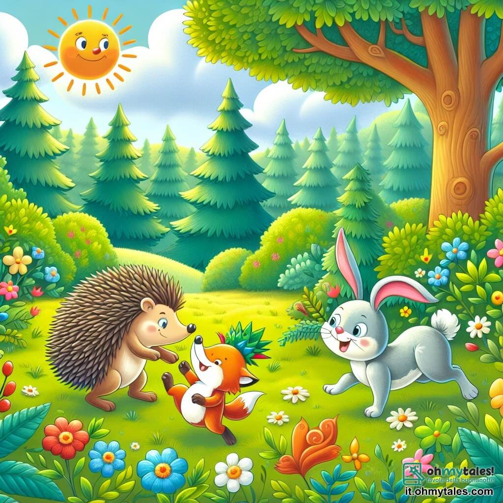 Une illustration destinée aux enfants représentant un hérisson malicieux, un petit lapin espiègle et un renard rusé se jouant des tours dans une clairière ensoleillée, parsemée de fleurs colorées et entourée d'arbres majestueux.