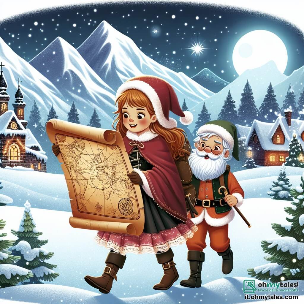 Une illustration destinée aux enfants représentant une jeune fille intrépide découvrant une mystérieuse carte menant au village enchanté du Père Noël, accompagnée de son fidèle ami garçon, dans un paysage enneigé étincelant de magie et de féérie.