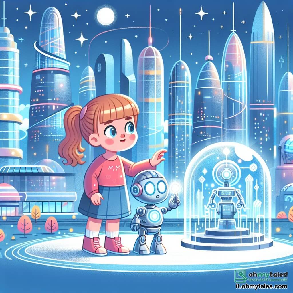 Une illustration destinée aux enfants représentant une jeune fille curieuse explorant un musée futuriste avec l'aide d'un robot brillant, dans la ville scintillante de Meropoli, où les tours de verre s'élèvent vers le ciel.