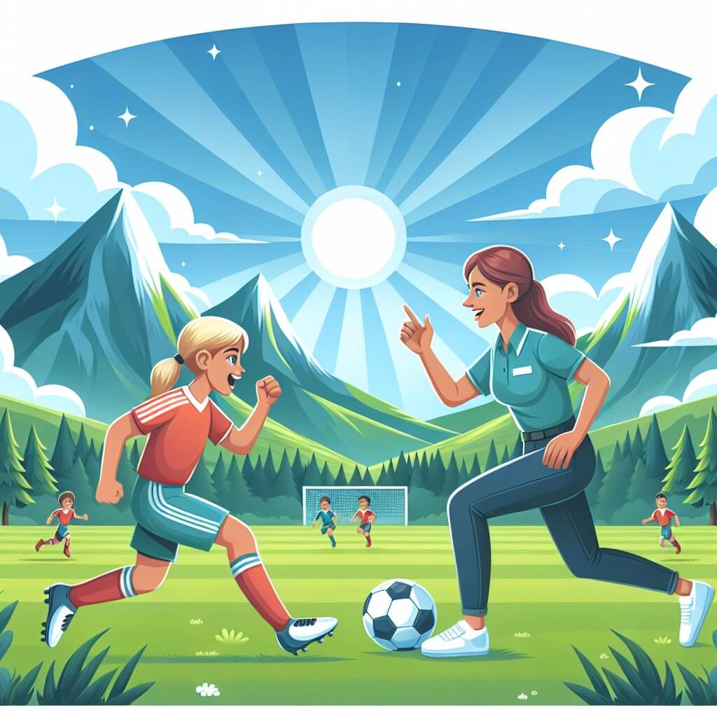Une illustration destinée aux enfants représentant une joueuse de football passionnée, vivant son rêve de devenir professionnelle, accompagnée de son entraîneuse bienveillante, sur un terrain verdoyant entouré de montagnes majestueuses et sous un ciel bleu éclatant.