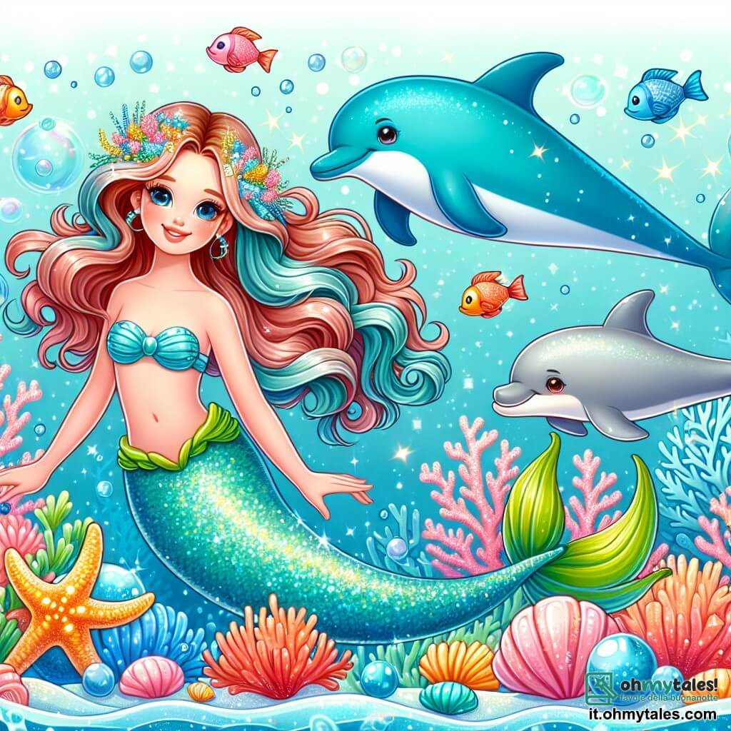 Une illustration destinée aux enfants représentant une magnifique sirène aux cheveux ondulés, dans une mer étincelante, accompagnée d'un joyeux dauphin, nageant parmi des coraux multicolores et des poissons brillants.