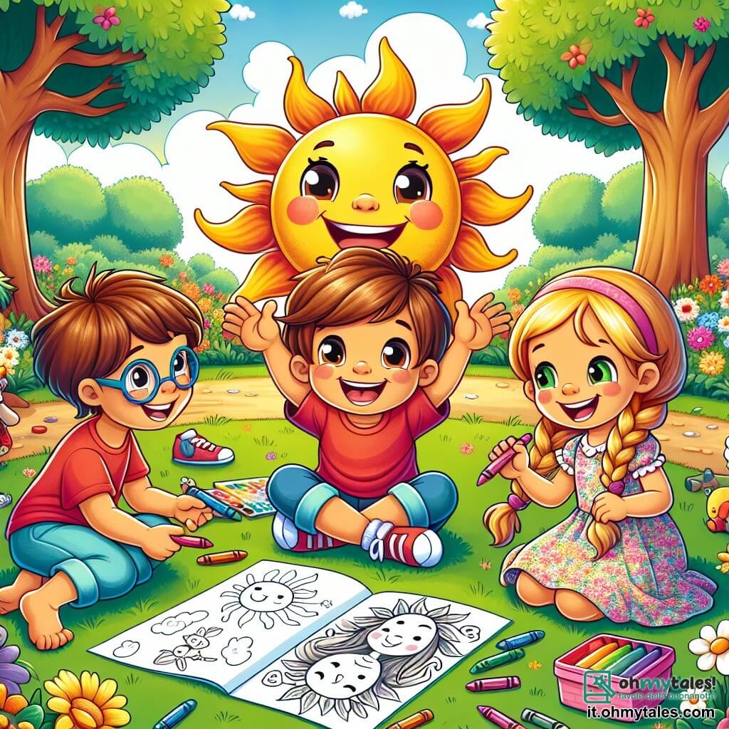 Illustrazione che rappresenta un parco soleggiato, pieno di fiori colorati e di alberi maestosi. Al centro dell'immagine, un ragazzo di 5 anni, con capelli castani disordinati e un sorriso splendente, è seduto sull'erba verde. Indossa una maglietta rossa e pantaloni corti blu, tenendo un grande sole sorridente che ha disegnato con i suoi amici. Accanto a lui, una ragazza di 6 anni, con capelli biondi intrecciati e un vestito a fiori, sta colorando un disegno con dei pastelli. Un altro ragazzo di 5 anni, con occhiali e capelli castani, sta raccontando una storia, con le braccia aperte per illustrare le sue parole. La scena trasmette un'atmosfera di gioia e amicizia, con risate e sorrisi, circondata da giocattoli sparsi e una grande coperta da picnic colorata.