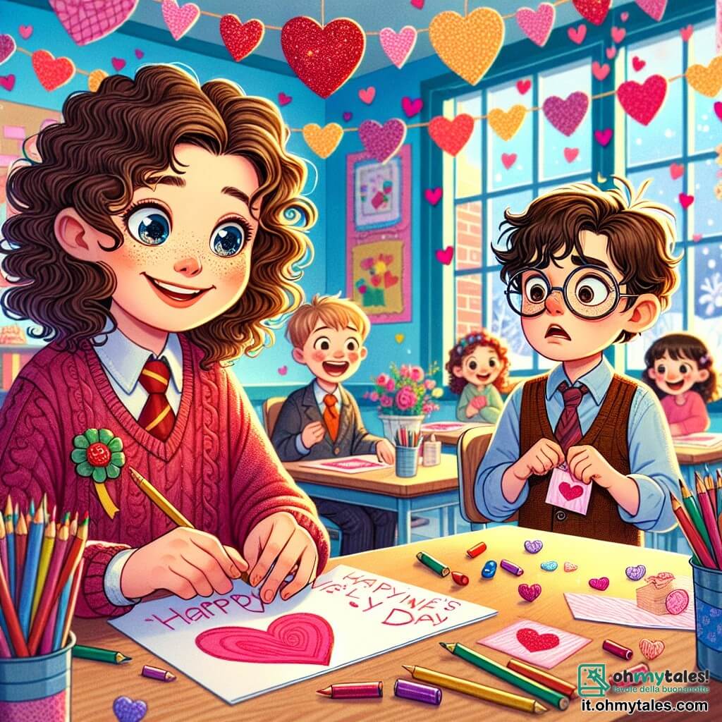 Une illustration sous forme de dessin destinée aux enfants représentant une salle de classe colorée décorée de cœurs en papier et de guirlandes pour la Saint-Valentin, où une fille de 12 ans aux cheveux bouclés et aux yeux pétillants, souriante, est assise à un bureau en train de créer des cartes de vœux avec des feutres et des paillettes, tandis qu'un garçon aux cheveux bruns et aux lunettes, inquiet, cherche désespérément ses cartes de Saint-Valentin disparues, entouré de camarades de classe joyeux qui échangent des douceurs et des sourires, illustrant l'esprit d'amitié et de partage de cette fête.