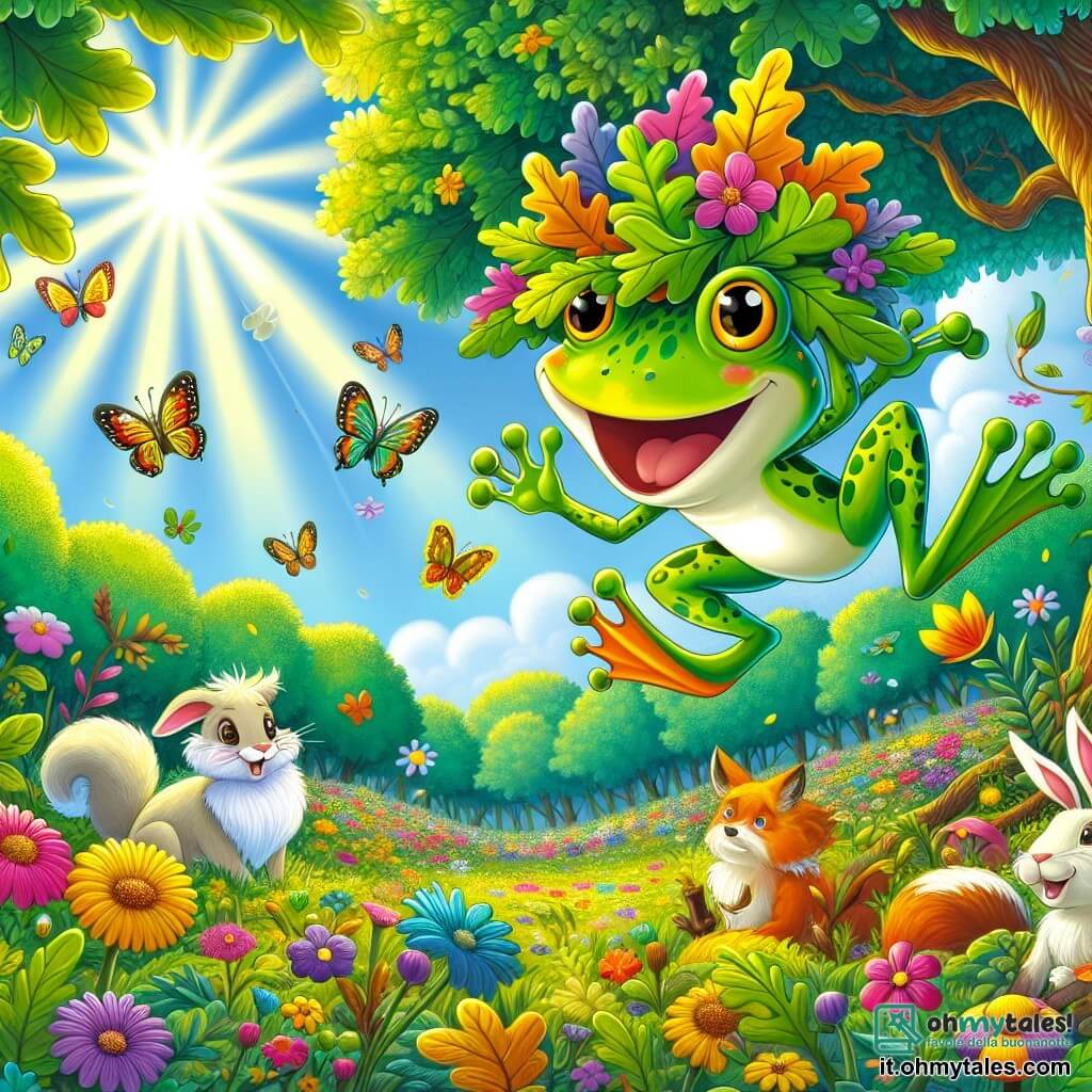 Illustrazione che rappresenta un magnifico campo di fiori colorati nel cuore di una foresta verdeggiante, dove i raggi di sole filtrano tra le foglie degli alberi, creando ombre danzanti sul terreno. Al centro della scena, una rana dai colori vivaci, con la pelle verde brillante e macchie gialle, indossa un buffo cappello fatto di foglie di quercia. Sta saltando gioiosamente, con le zampe posteriori ripiegate, pronta a balzare in aria con un grande sorriso sul volto. Nelle vicinanze, un piccolo gruppo di animali, tra cui un coniglio dalle grandi orecchie bianche e una volpe astuta con un pelo arancio vivace, osservano la rana con espressioni divertite e curiose, ridendo della sua energia contagiosa. Sullo sfondo, fiori di tutti i colori, farfalle che svolazzano e un cielo azzurro chiaro aggiungono un tocco di magia a questa scena ludica e gioiosa, catturando lo spirito d'avventura e di amicizia della storia.