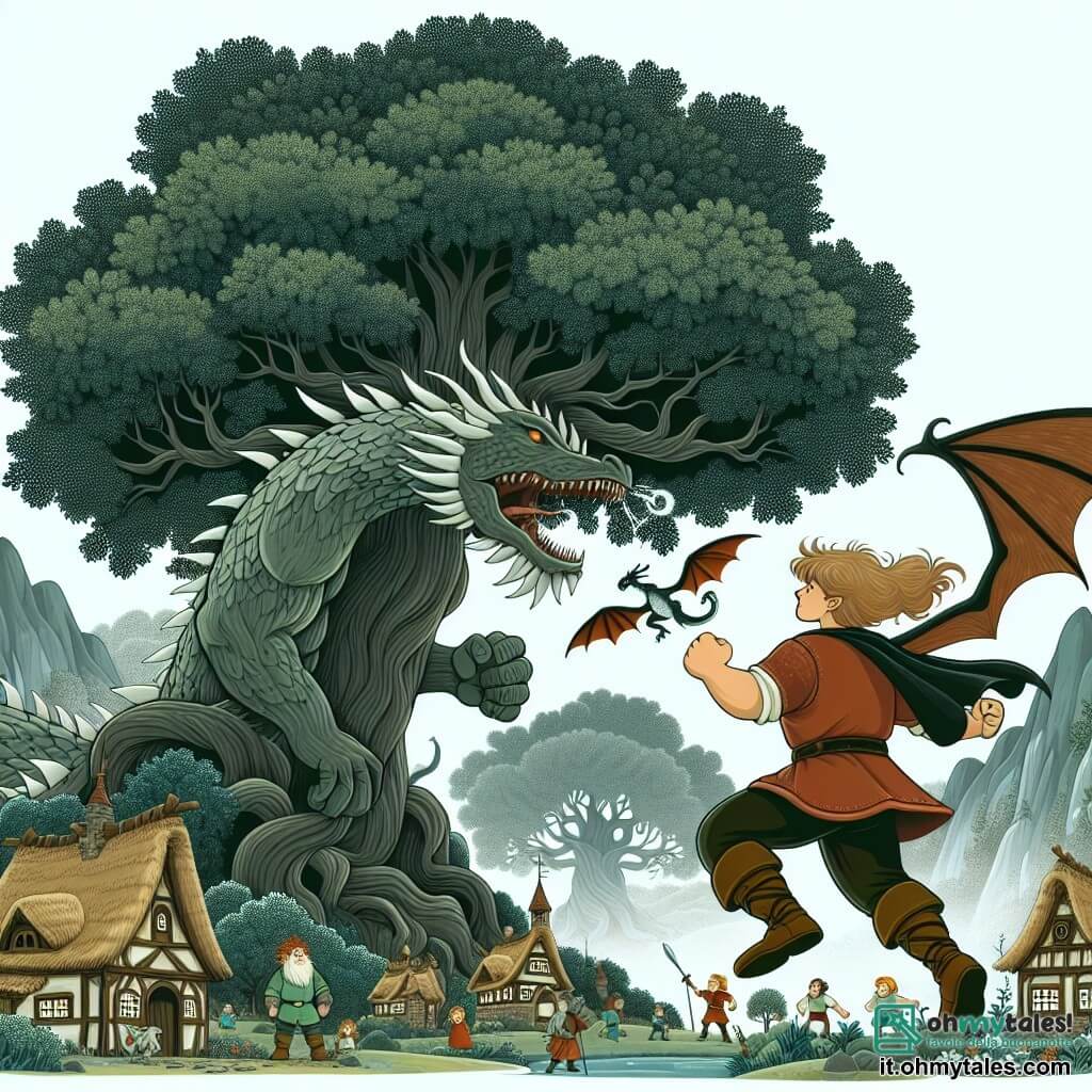 Une illustration destinée aux enfants représentant un géant au cœur vaillant affrontant un dragon de feu menaçant un village de contadini, sous le grand albero madre, un quercia imposante au feuillage dense et aux racines entrelacées, au cœur du misterioso villaggio dei giganti, enveloppé par une nebbia magica.