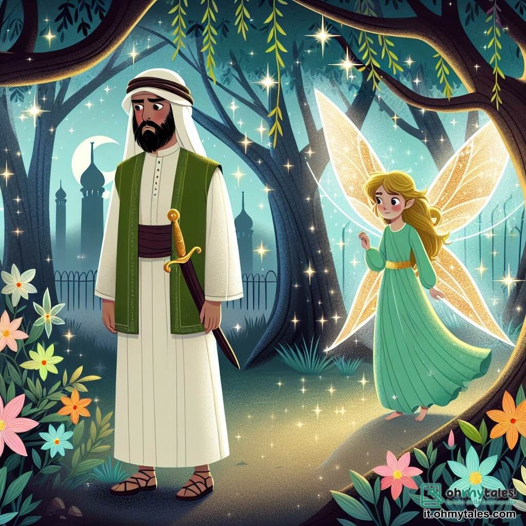 Une illustration destinée aux enfants représentant un homme courageux, perdu dans une forêt enchantée, accompagné d'une fée lumineuse, dans un paysage féerique avec des arbres aux branches chatoyantes et des fleurs aux couleurs éclatantes.