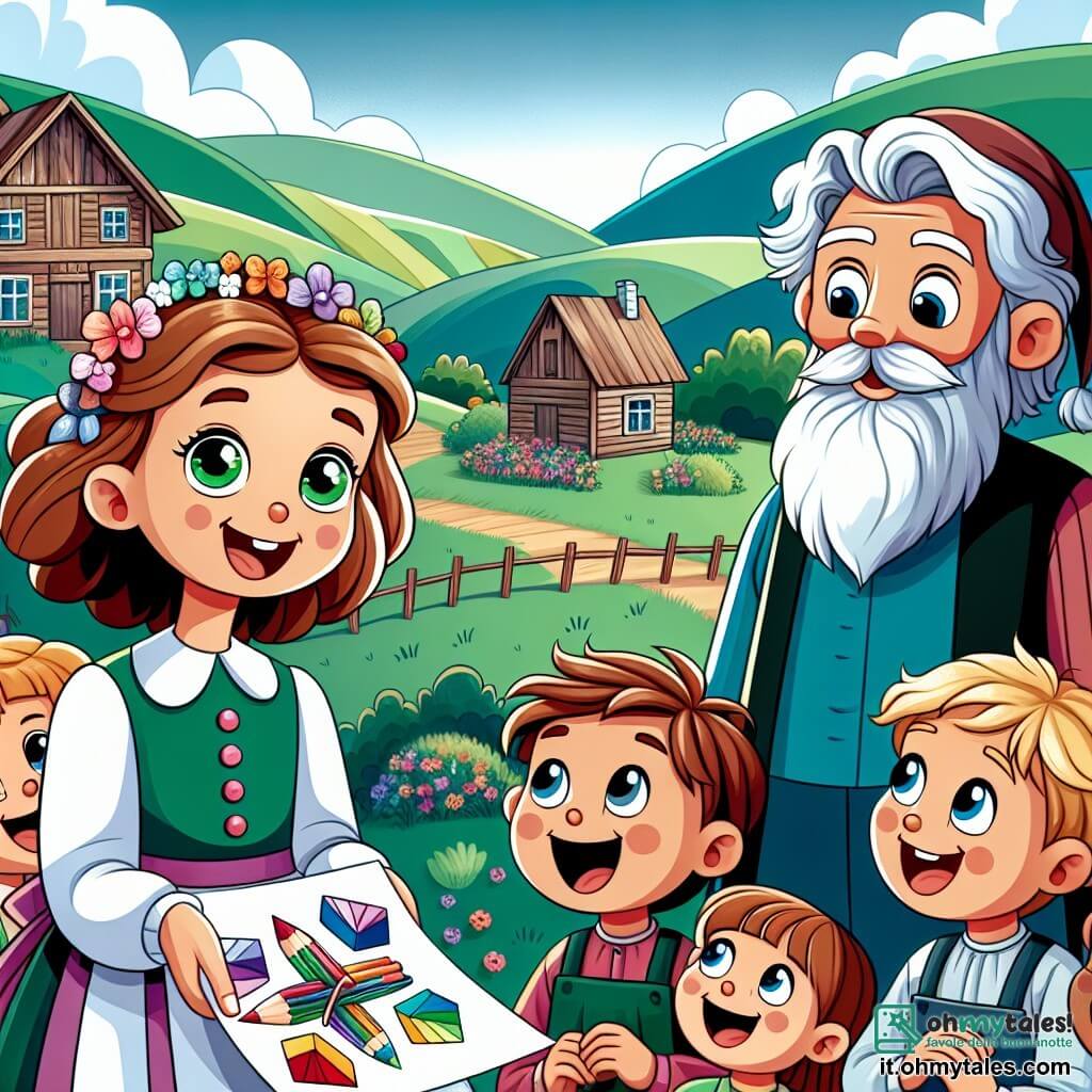 Une illustration sous forme de dessin destinée aux enfants représentant un charmant village de campagne avec des collines verdoyantes et une petite maison en bois, où une fille de 7 ans aux cheveux bruns et aux yeux verts, souriante et pleine de curiosité, distribue des dessins colorés à des enfants joyeux, dont un garçon aux cheveux blonds et aux yeux bleus qui rit en jouant, tandis que des adultes bienveillants, comme une femme aux cheveux gris et un homme barbu, les regardent avec fierté, illustrant ainsi l'esprit de solidarité et d'entraide face à la pauvreté.