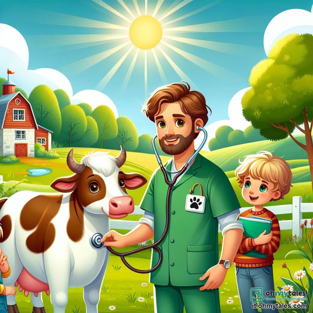 Une illustration sous forme de dessin destinée aux enfants représentant une charmante ferme ensoleillée avec des champs verdoyants en arrière-plan, où un homme vétérinaire aux cheveux bruns et à la barbe soignée, vêtu d'une chemise verte à motifs de pattes d'animaux, écoute le cœur d'une douce vache au pelage luisant, tandis que deux enfants, un garçon aux cheveux blonds et une fille aux cheveux bruns, regardent avec émerveillement, tenant un stéthoscope et un carnet de notes, illustrant ainsi leur apprentissage sur la santé animale dans une atmosphère joyeuse et éducative.