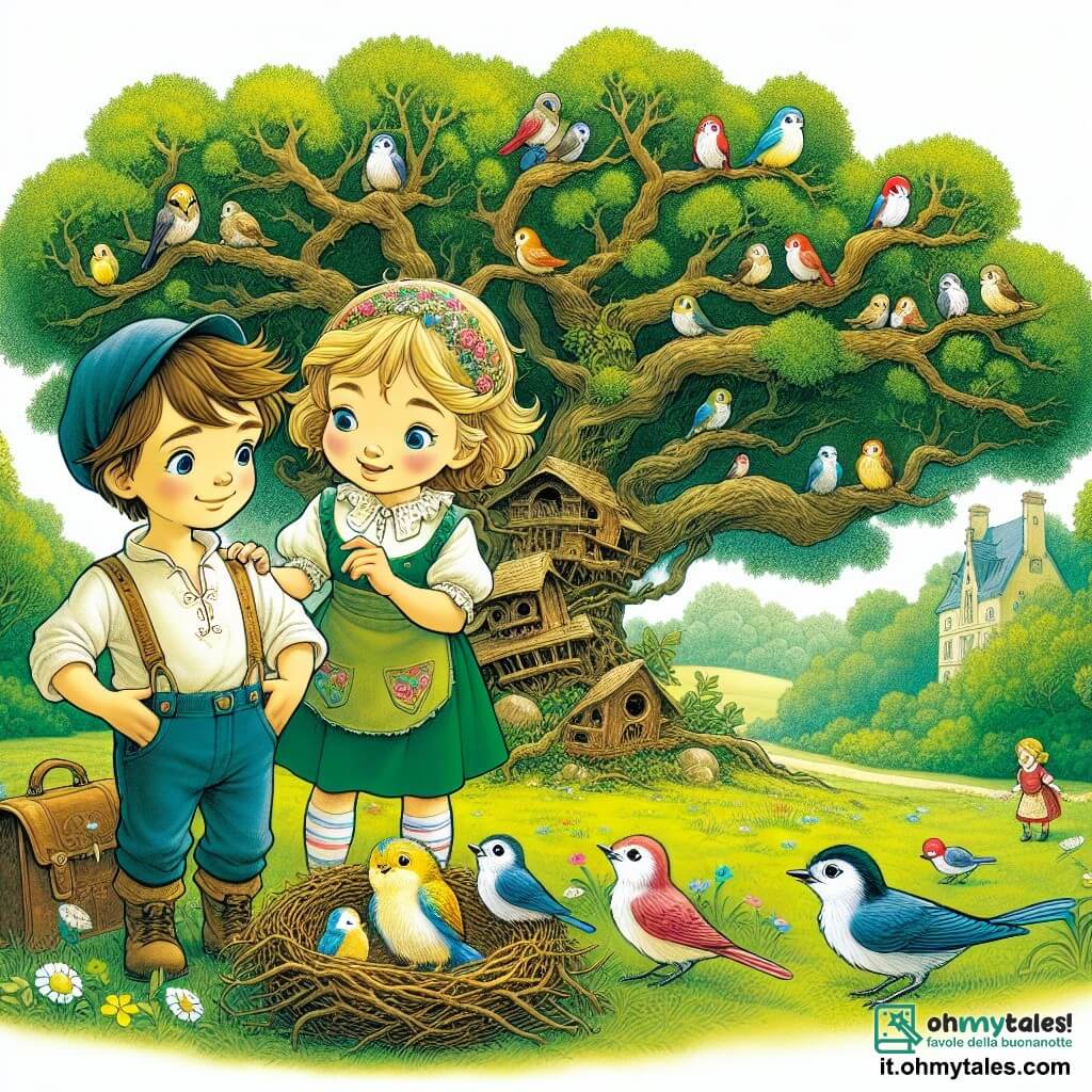 Une illustration destinée aux enfants représentant un petit garçon curieux et plein de fantaisie, accompagné de son amie Sofia, prenant soin d'un uccellino dans un parc verdoyant avec un vieux arbre plein de nids colorés.