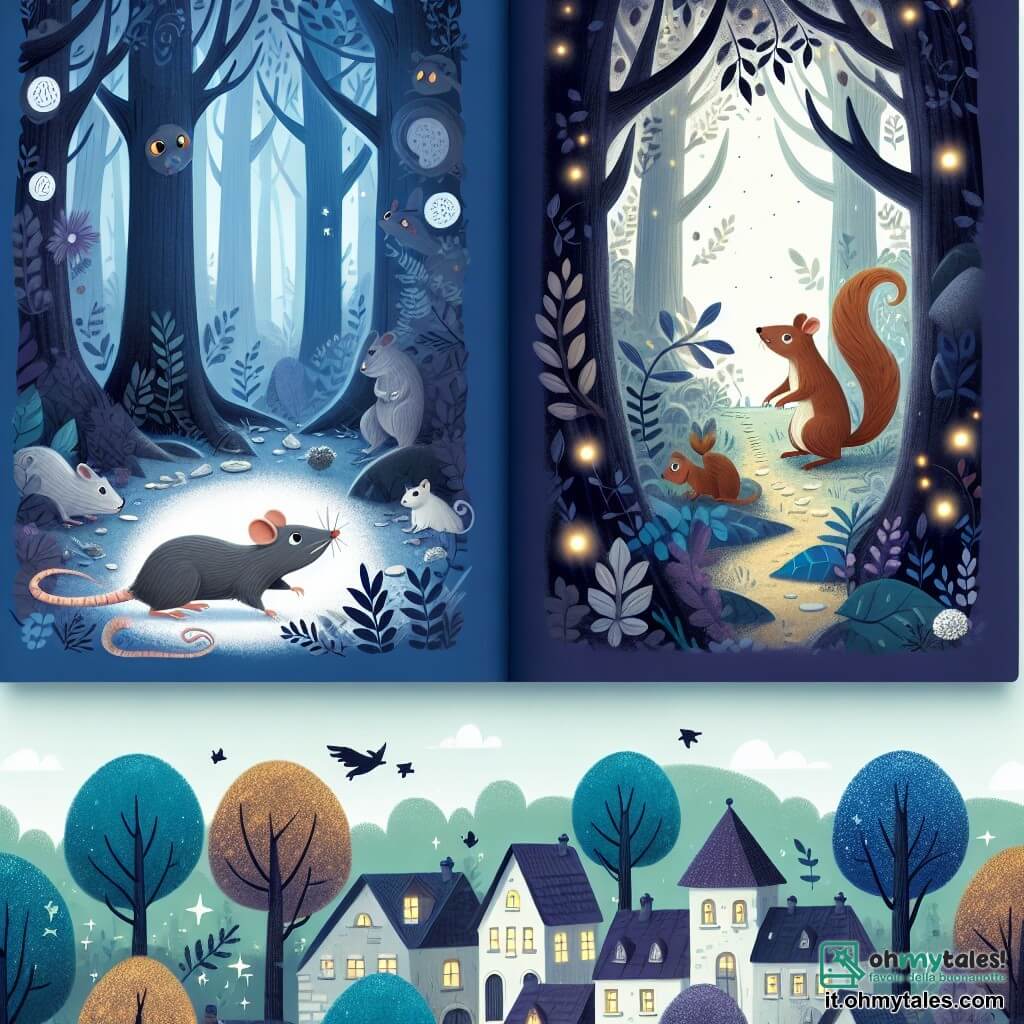 Une illustration destinée aux enfants représentant un rat malin et courageux, une situation périlleuse dans une forêt mystérieuse, un petit écureuil curieux, au cœur d'un village entouré d'une dense forêt aux arbres majestueux et aux feuilles chatoyantes.