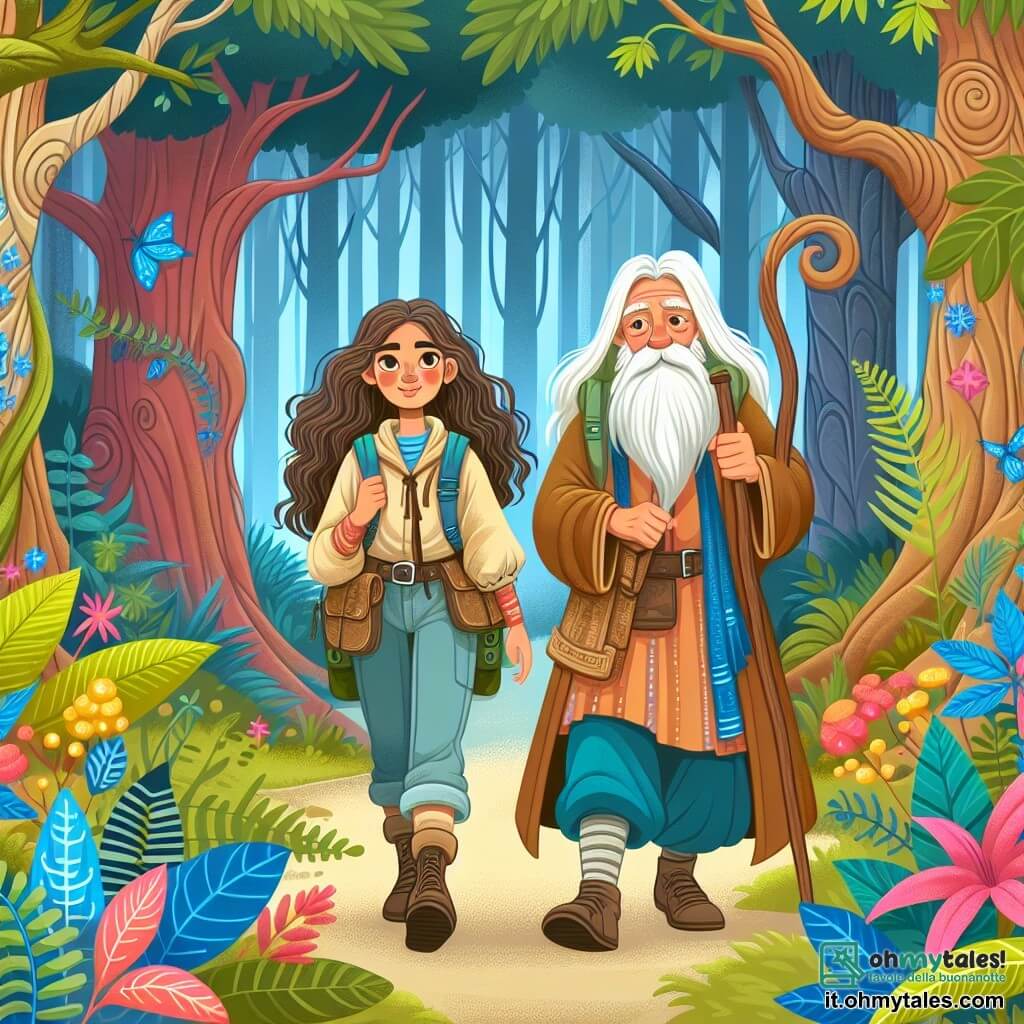 Une illustration destinée aux enfants représentant une jeune exploratrice aux cheveux bruns ondulés, accompagnée d'un sage vieillard, marchant parmi les arbres majestueux et les plantes aux couleurs vives de la mystérieuse et enchanteresse Forêt Incantée.