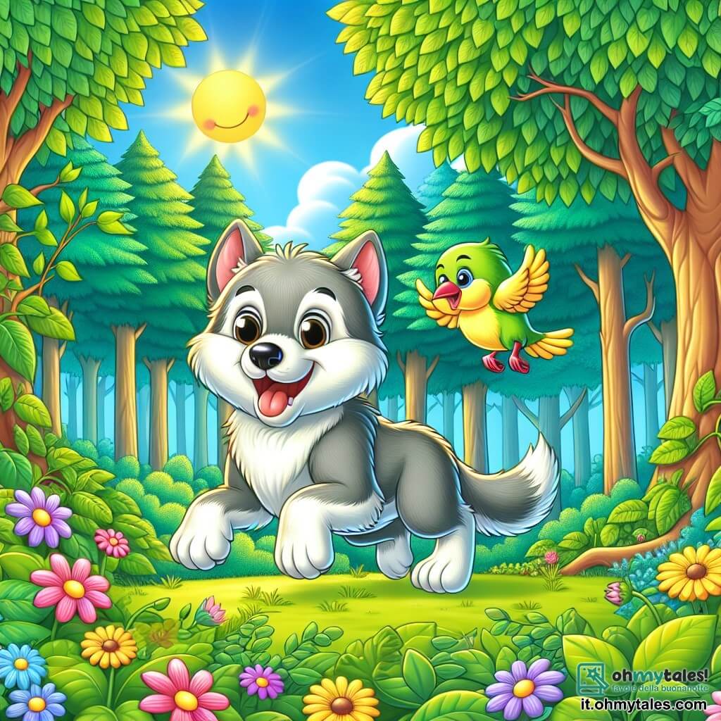 Une illustration sous forme de dessin destinée aux enfants représentant une forêt verdoyante avec de grands arbres majestueux, un petit loup au pelage doux et gris qui saute joyeusement sur un tapis de feuilles colorées, tandis qu'un petit oiseau aux plumes vives et jaunes vole à ses côtés, les deux amis partageant un moment de joie et d'émerveillement, entourés de fleurs éclatantes et d'un ciel bleu lumineux, capturant l'esprit d'aventure et de camaraderie de leur journée magique.
