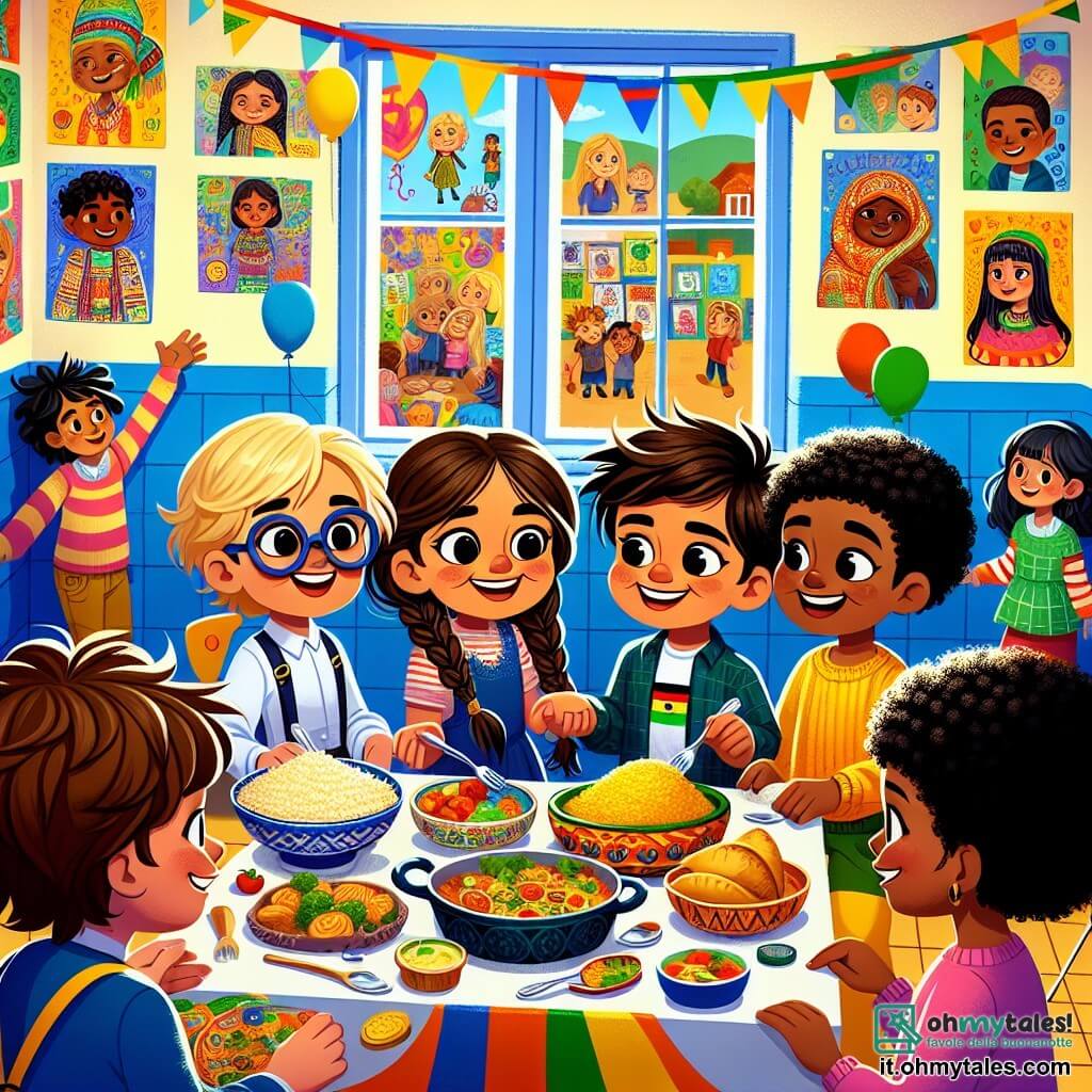 Illustrazione che rappresenta una scena vibrante in una scuola colorata, con muri decorati da disegni di bambini e manifesti che celebrano la diversità. Al centro, un gruppo di quattro bambini si trova attorno a un tavolo decorato con piatti tipici di diverse culture. Un ragazzo di dieci anni, con capelli castani e occhiali, sorride felicemente mentre presenta un piatto di couscous. Accanto a lui, una ragazza di dieci anni, con capelli biondi e trecce, guarda con ammirazione il piatto, i suoi occhi brillanti di curiosità. Un'altra ragazza, di origine ispanica, con capelli neri e ricci, tiene un piatto di empanadas, pronta a condividere. Infine, un ragazzo di origine africana, con pelle scura e capelli crespi, si trova leggermente in disparte, sorridendo timidamente mentre tiene un piatto tradizionale. La scena principale mostra questi bambini che discutono e ridono insieme, illustrando l'accettazione e l'amicizia, mentre altri alunni, sullo sfondo, si avvicinano con interesse, attratti dai sapori e dalle storie di ogni piatto. Palloncini colorati fluttuano nell'aria, aggiungendo un tocco festivo a questa celebrazione della diversità.