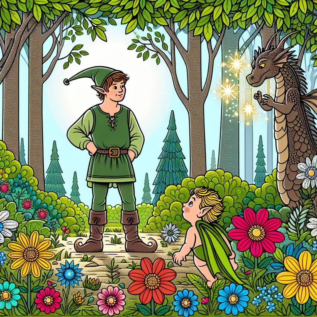 Une illustration destinée aux enfants représentant un elfe espiègle se retrouvant dans une forêt enchantée, accompagné d'un petit dragon curieux, dans une clairière remplie de fleurs multicolores et d'arbres aux feuilles scintillantes.