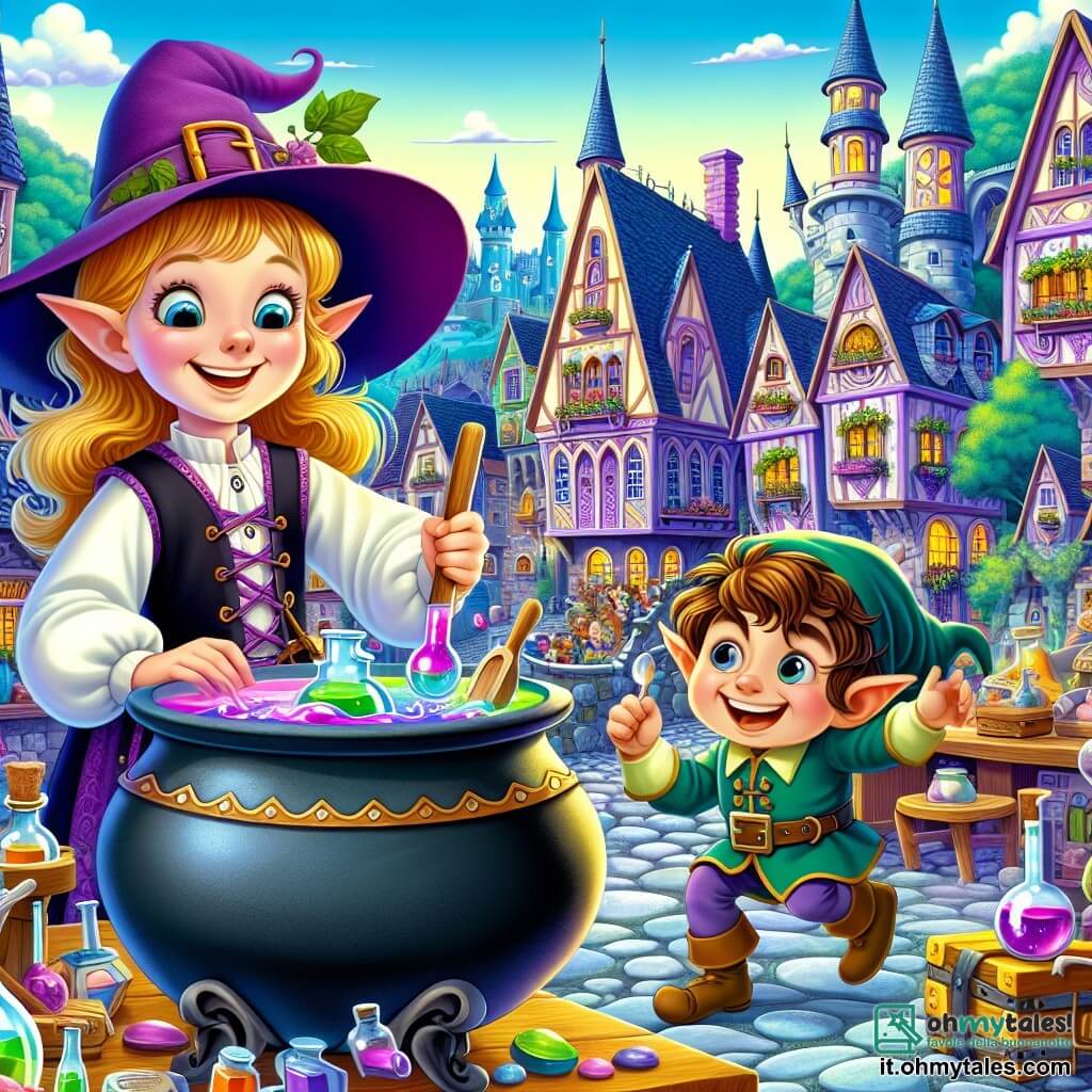 Une illustration destinée aux enfants représentant une apprentie sorcière enjouée et malicieuse, se retrouvant à préparer une potion magique farceuse avec l'aide d'un elfe espiègle, dans le laboratoire enchanté d'une ville féerique aux maisons colorées et aux rues pavées de Zuccalandia.