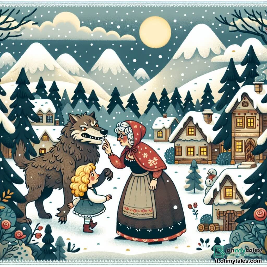 Une illustration destinée aux enfants représentant une fillette aux boucles blondes, confrontée à un grand méchant loup, aidée par sa sage grand-mère, dans un petit village entouré de montagnes enneigées et de forêts mystérieuses.
