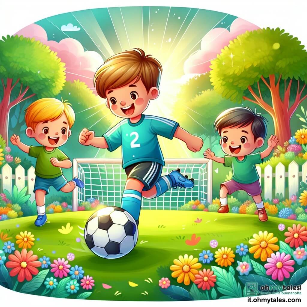 Une illustration destinée aux enfants représentant un joueur de football passionné, un garçon, qui s'entraîne avec deux enfants, une fille et un garçon, sur un terrain de football verdoyant entouré d'arbres colorés et de fleurs éclatantes.
