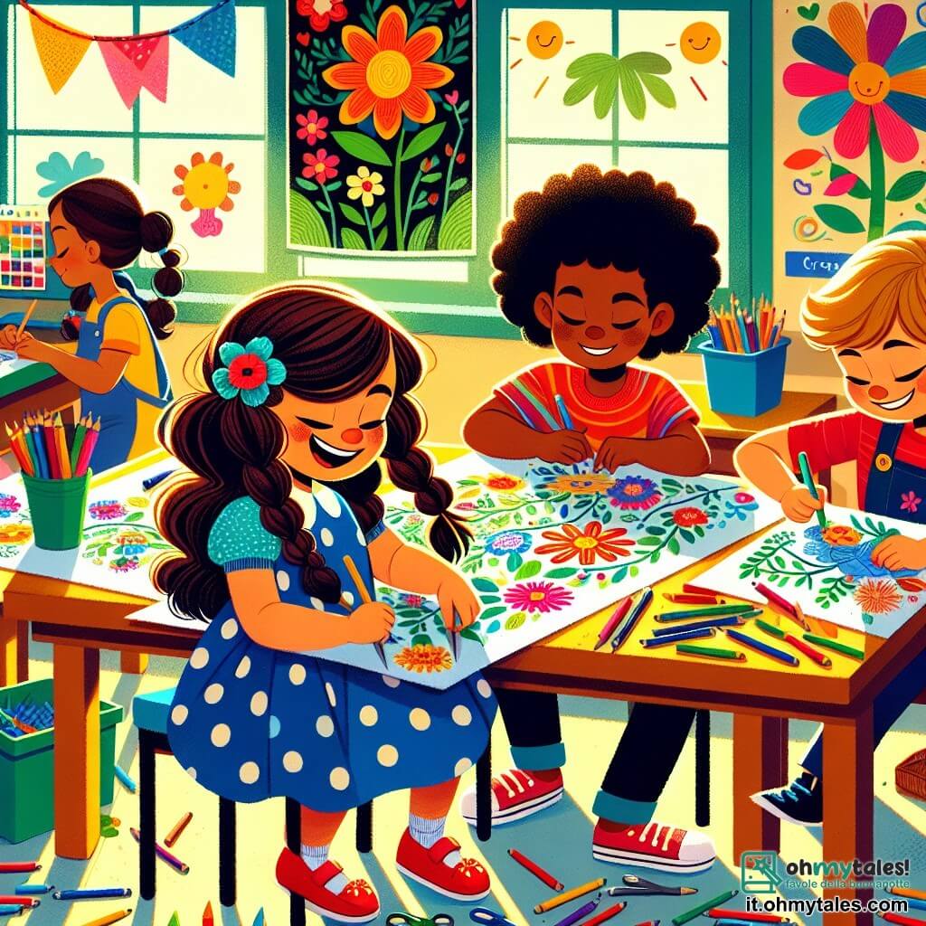 Illustrazione di un'aula colorata e accogliente, con pareti decorate da disegni di bambini e finestre che lasciano entrare la luce del sole. Al centro, una bambina di 5 anni, con lunghi capelli castani e trecce, indossa un vestito blu a pois bianchi e scarpe rosse. È seduta a un tavolo, concentrata, mentre disegna foglie verdi e fiori colorati su un grande foglio di carta. Accanto a lei, due bambini di circa 5 anni: uno ha capelli biondi e indossa una maglietta rossa, sta ritagliando forme di fiori con le forbici; l'altro, con capelli castani e un maglione blu, osserva con ammirazione il disegno della bambina. La scena mostra l'effervescenza della creatività, con pastelli sparsi sul tavolo e risate che riempiono l'aria. Sullo sfondo, un grande poster che rappresenta un albero della vita è appeso al muro, simboleggiando il progetto collettivo dei bambini. L'atmosfera è gioiosa e collaborativa, illustrando l'importanza del lavoro di squadra a scuola.