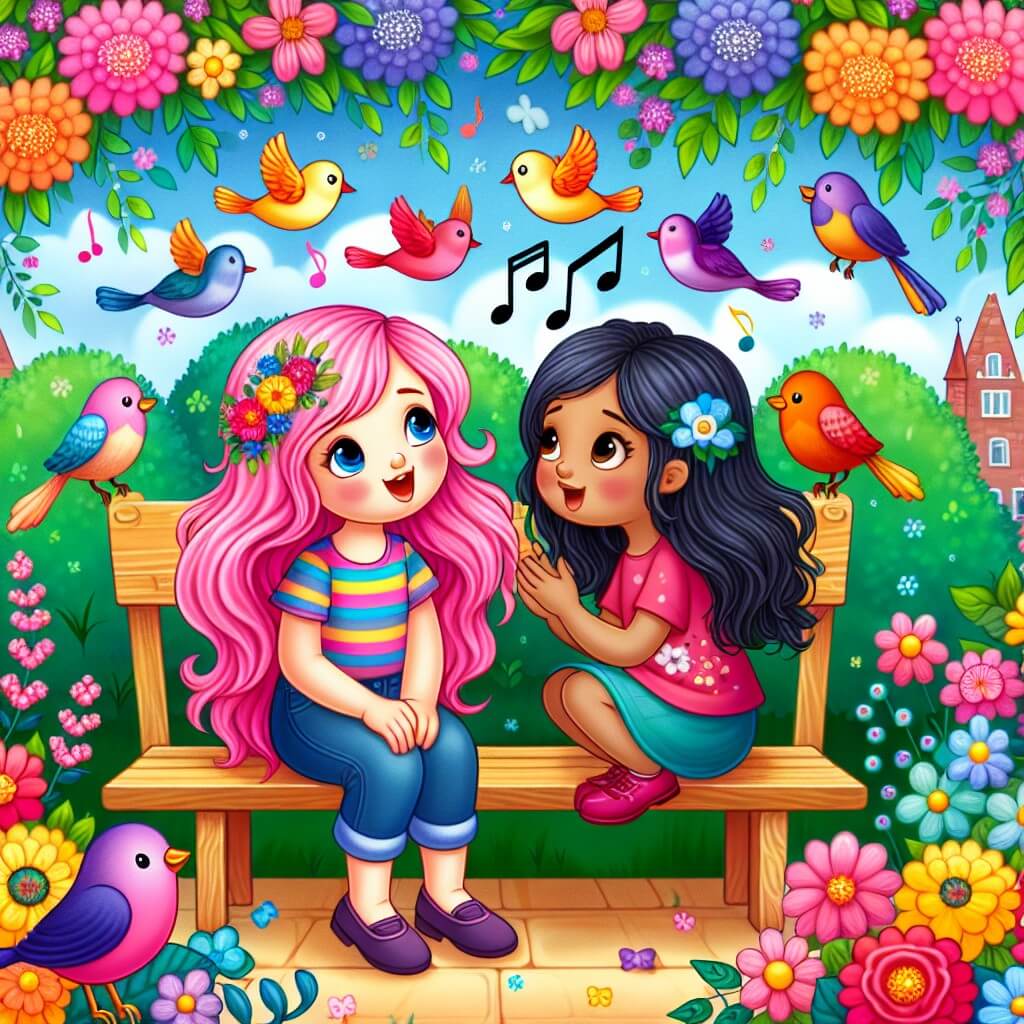 Une illustration destinée aux enfants représentant une jeune fille aux cheveux roses, assise sur un banc dans un parc coloré, rencontrant une autre fille avec des cheveux foncés, tandis que des oiseaux chantent et des fleurs éclatent de couleurs vives tout autour d'elles, dans la charmante petite ville de Solevento.