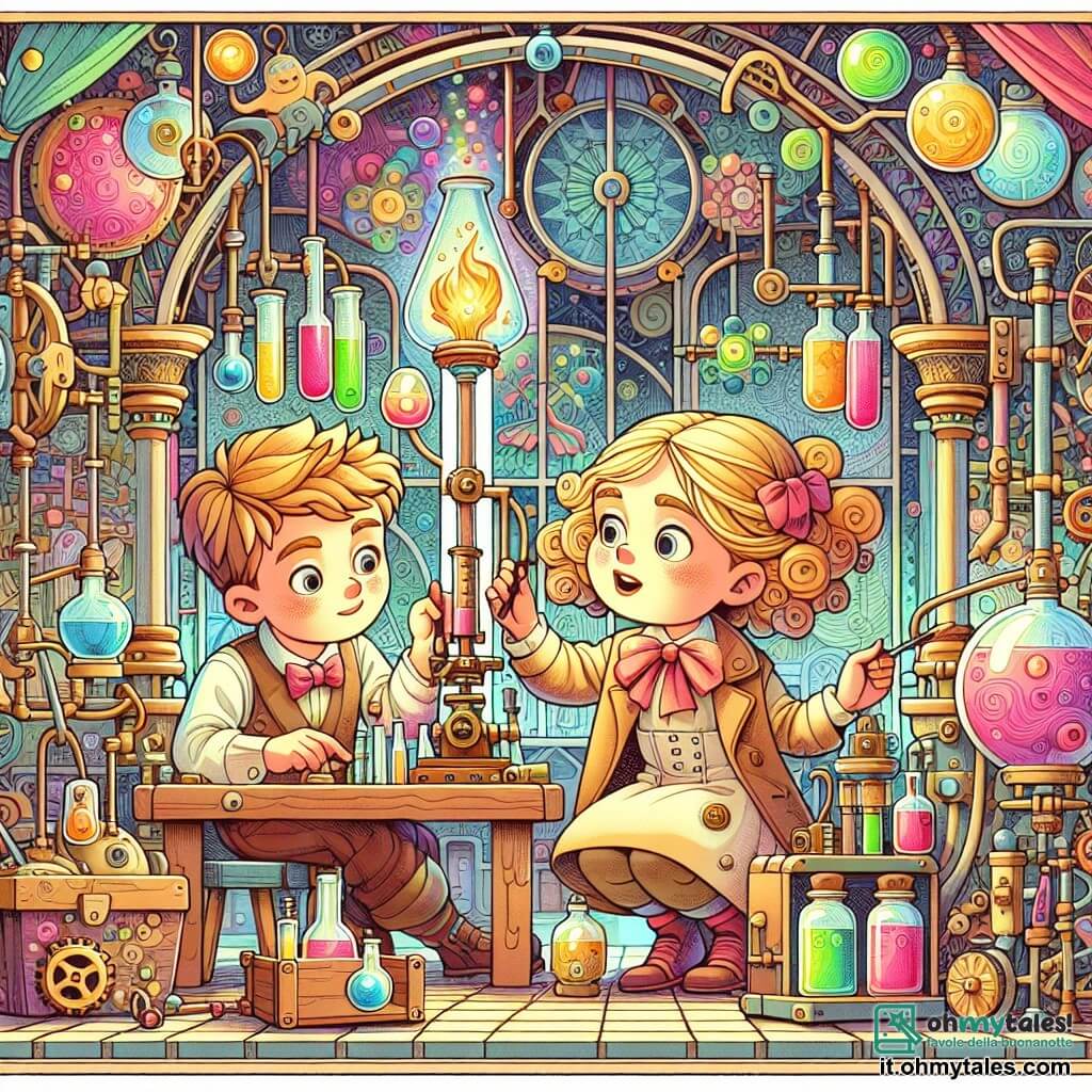 Une illustration destinée aux enfants représentant une inventrice brillante, une fille, créant des inventions magiques avec l'aide d'un garçon curieux, dans un laboratoire coloré et plein d'objets étranges, situé dans une petite ville de contes de fées.