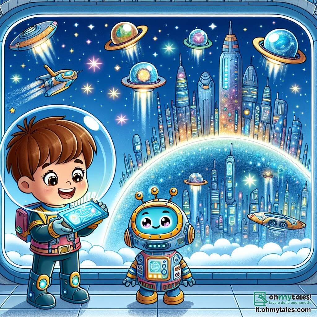 Une illustration sous forme de dessin destinée aux enfants représentant une ville futuriste flottante, avec des grattaciels scintillants et des véhicules volants dans un ciel bleu, où un garçon de 9 ans aux cheveux bruns et aux yeux pétillants, vêtu d'une combinaison spatiale colorée, est en train de manipuler un dispositif brillant dans son laboratoire, tandis qu'une petite robotique amicale à l'apparence humanoïde, avec des yeux lumineux et un sourire, l'observe avec curiosité, alors qu'ils s'apprêtent à découvrir un nouveau monde à travers une fenêtre panoramique qui montre des paysages d'une autre galaxie.