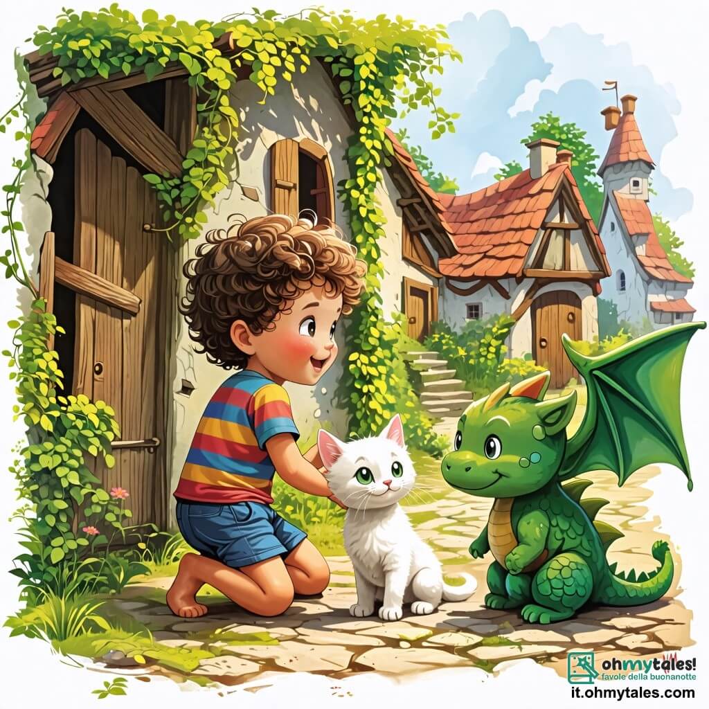 Une illustration sous forme de dessin destinée aux enfants représentant un village abandonné avec des maisons en bois aux fenêtres cassées et des plantes grimpantes, où un petit garçon de 2 ans aux cheveux bouclés et aux yeux pétillants, vêtu d'une t-shirt colorée et d'un short, s'accroupit joyeusement à côté d'un petit gattino blanc aux yeux brillants, tandis qu'un dragon en peluche aux écailles vertes et aux ailes déployées les observe avec un sourire amical, tous ensemble dans une scène de découverte et d'amitié, prêts à vivre une aventure magique.