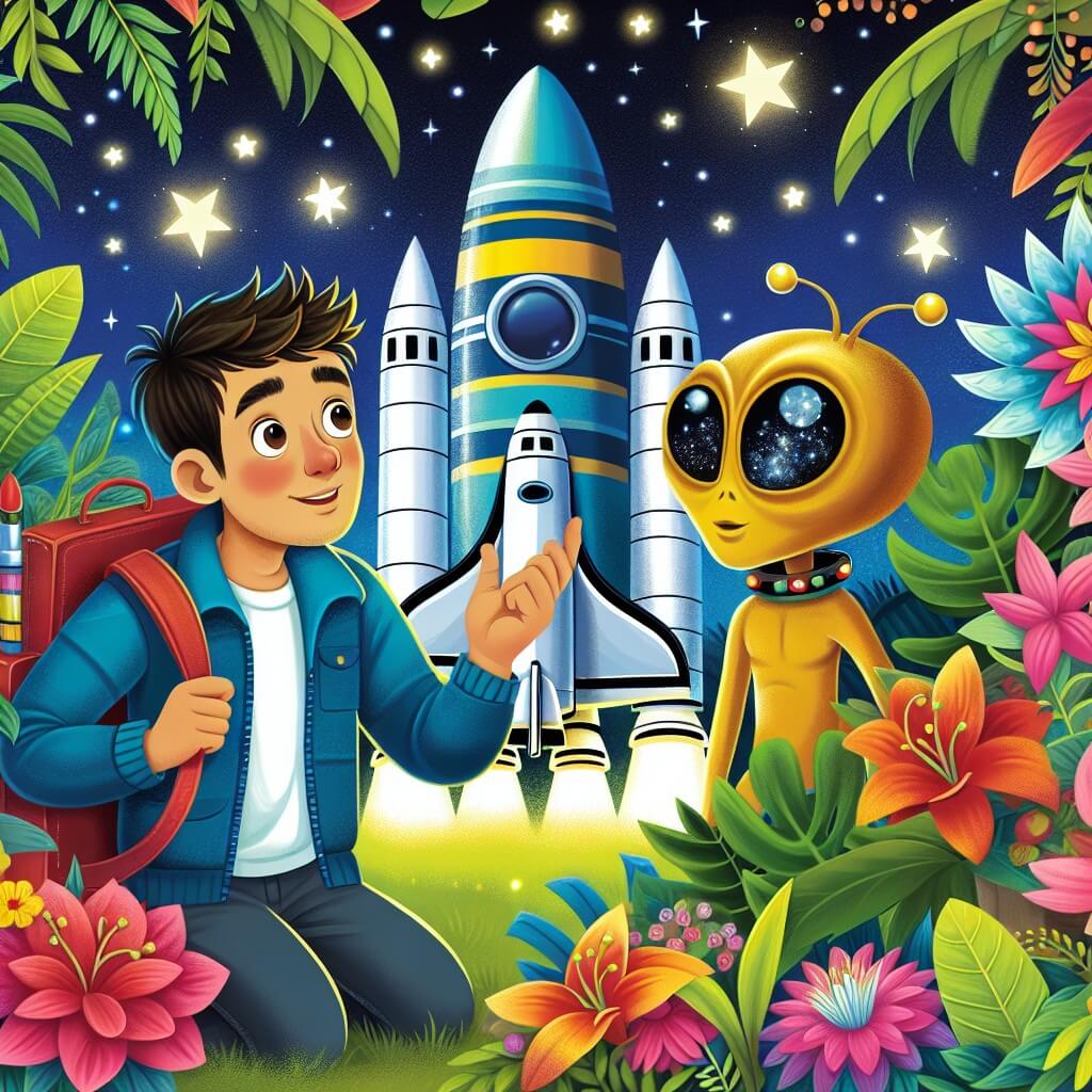 Une illustration destinée aux enfants représentant un homme émerveillé devant une navette spatiale colorée, accompagné d'un alien doré aux grands yeux scintillants, dans un jardin verdoyant avec un ciel étoilé et des fleurs exotiques en fleur.