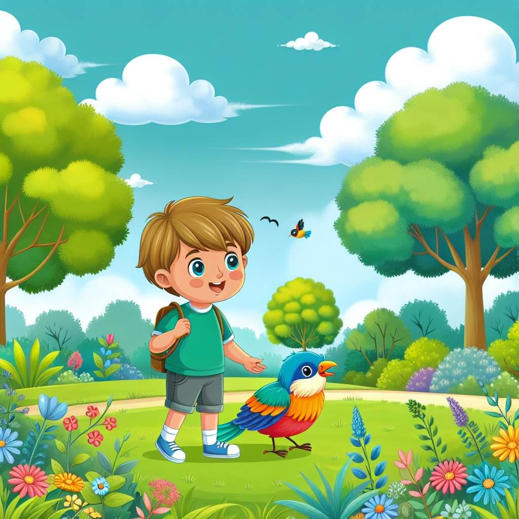 Une illustration destinée aux enfants représentant un jeune garçon passionné par la nature, accompagné de son fidèle ami, un oiseau coloré, explorant un magnifique parc verdoyant avec des arbres majestueux, des fleurs éclatantes et un ciel bleu sans nuages, tout en découvrant les effets du changement climatique.