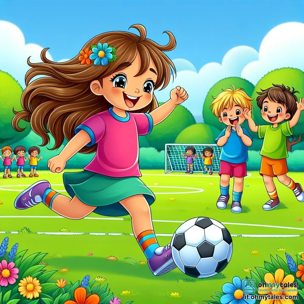 Illustrazione di un campo da calcio soleggiato, circondato da alberi verdi e fiori colorati. Al centro, una ragazza di 5 anni, con lunghi capelli castani che fluttuano nel vento, indossa una maglietta colorata e dei pantaloni corti. Sorride felicemente mentre corre verso il pallone da calcio, pronta a tirare. Nelle vicinanze, due ragazzi di circa 6 anni, uno con capelli biondi e l'altro con capelli castani, incoraggiano la ragazza con gesti entusiasti, alzando le braccia in aria. La scena trasmette un'atmosfera di cameratismo e inclusività, con bambini che giocano insieme, illustrando l'uguaglianza di genere. Sullo sfondo, i compagni di classe applaudono, creando un'atmosfera di sostegno e gioia.
