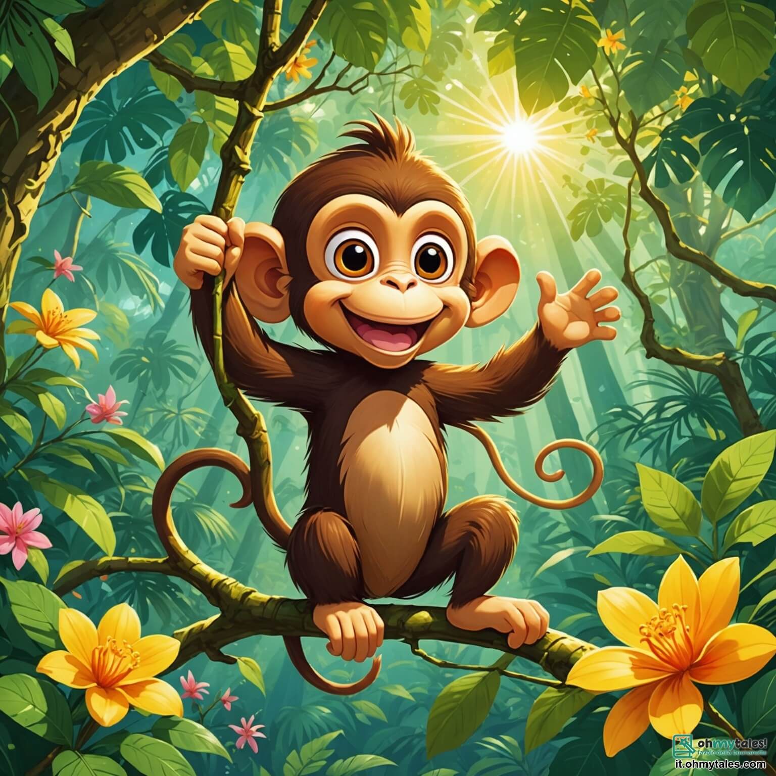 Une illustration destinée aux enfants représentant un petit singe espiègle à la fourrure dorée scintillante sous les rayons du soleil, suspendu avec agilité aux branches d'un arbre majestueux au cœur d'une jungle luxuriante, où les feuilles vert émeraude dansent au gré du vent et où des fleurs éclatantes de couleurs vives s'épanouissent autour de lui, tandis qu'il se prépare à vivre une aventure palpitante aux côtés de ses fidèles amis, un toucan aux plumes chatoyantes et un lion au cœur tendre, tous unis pour découvrir un trésor magique caché dans une caverne mystérieuse, remplie de secrets et de légendes anciennes.