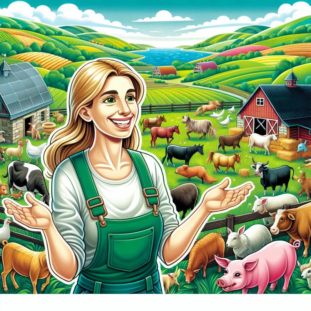 Une illustration destinée aux enfants représentant une agricultrice souriante et passionnée, entourée d'animaux de la ferme, dans une petite exploitation agricole entourée de vastes champs verdoyants et d'un magnifique paysage campagnard.
