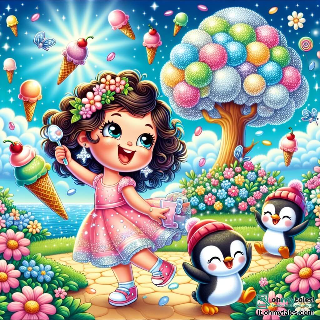 Illustrazione che rappresenta un giardino magico in piena fioritura, con fiori colorati dai petali scintillanti e un grande albero con foglie d'argento. Al centro della scena, una bambina di 5 anni, con capelli ricci e neri, indossa un vestito rosa a pois bianchi. Sorride gioiosamente, tenendo in mano una cannuccia a forma di cono gelato, mentre un piccolo pinguino con un cappello rosso e occhi scintillanti balla al suo fianco. Insieme si trovano in mezzo a una festa del gelato, circondati da gelati volanti dai colori vivaci, che fluttuano nell'aria e sembrano danzare. Il cielo è di un blu brillante, punteggiato da nuvole a forma di caramelle, aggiungendo un tocco di magia a questa scena gioiosa e ludica.