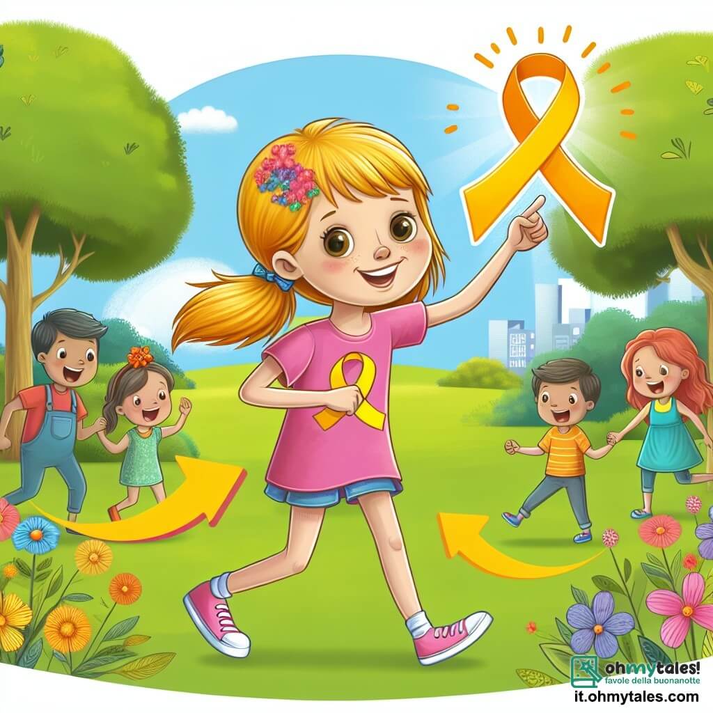 Une illustration destinée aux enfants représentant une fillette vivace et curieuse confrontée à une maladie, avec le soutien de ses amis et de sa famille, dans un parc ensoleillé aux couleurs vives et joyeuses.