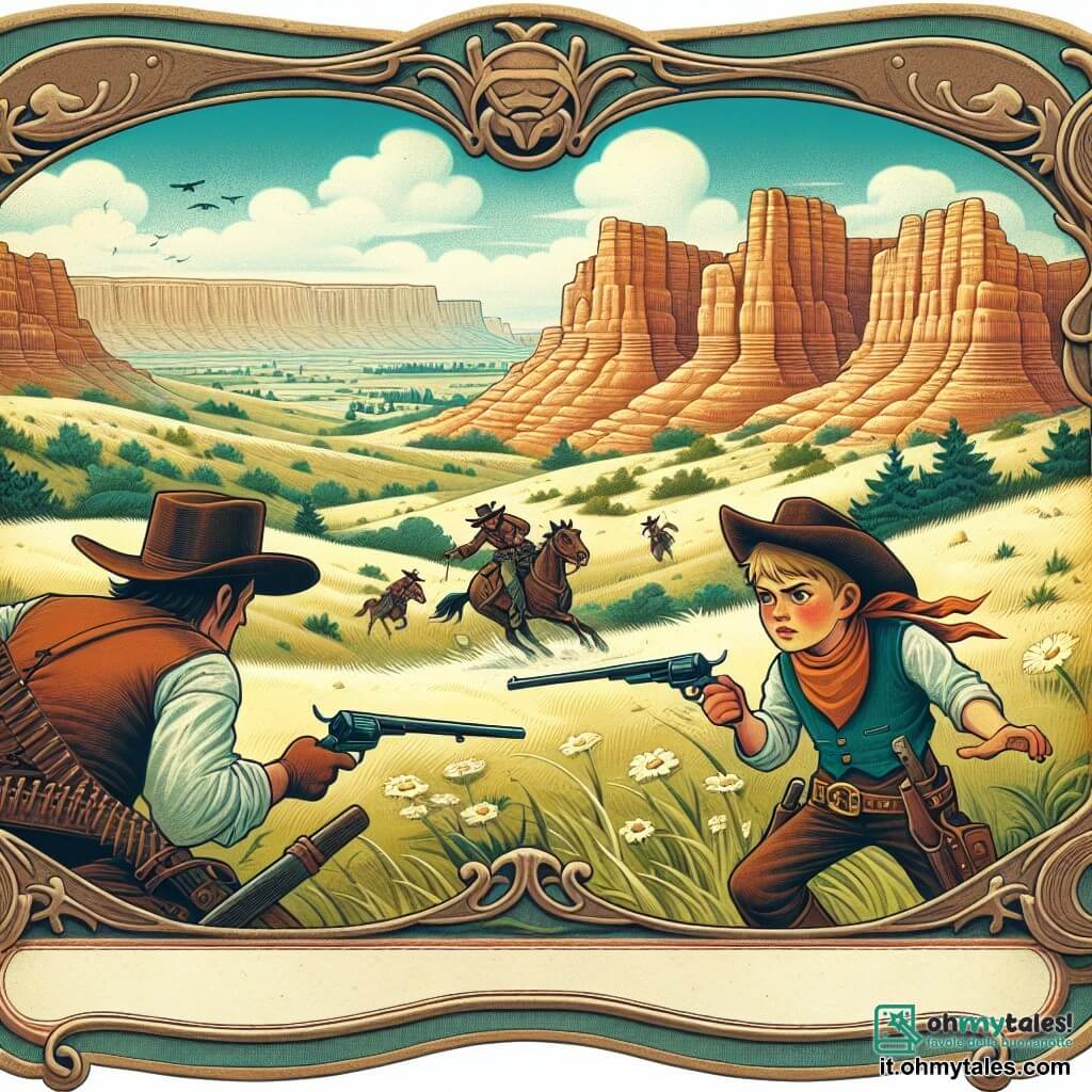 Une illustration destinée aux enfants représentant un jeune cow-boy intrépide, affrontant des bandits avec l'aide d'un ancien hors-la-loi repenti, dans les vastes prairies ondulantes et les canyons escarpés de l'Ouest sauvage.