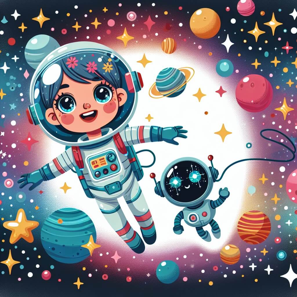 Une illustration destinée aux enfants représentant une femme astronaute, flottant dans l'espace avec un sourire radieux, accompagnée d'un petit robot aux yeux étincelants, explorant une galaxie colorée remplie d'étoiles scintillantes et de planètes mystérieuses.