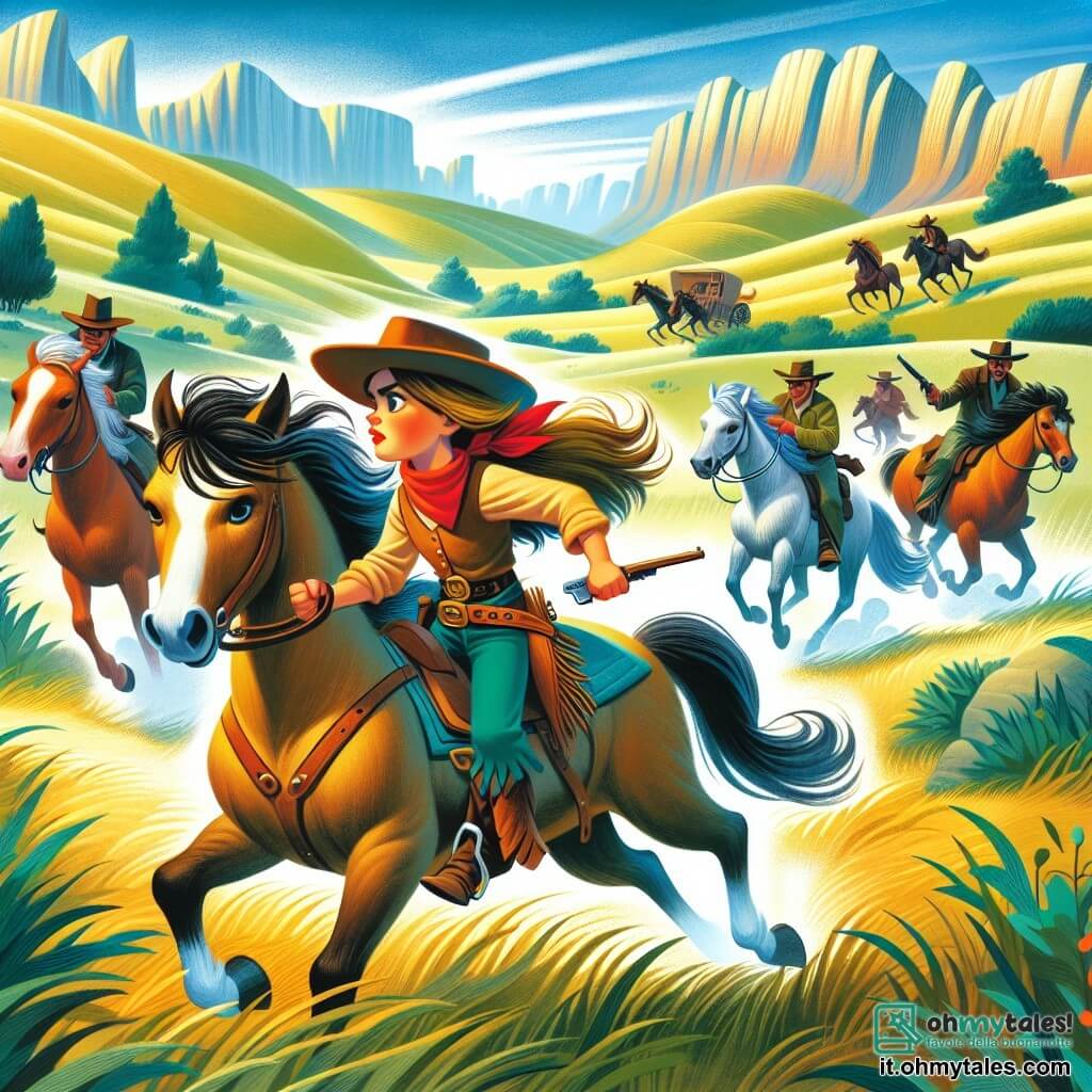 Une illustration destinée aux enfants représentant une jeune cowgirl audacieuse, défiant des bandits maléfiques pour sauver des chevaux sauvages dans les vastes prairies ondulantes de l'Ouest américain.