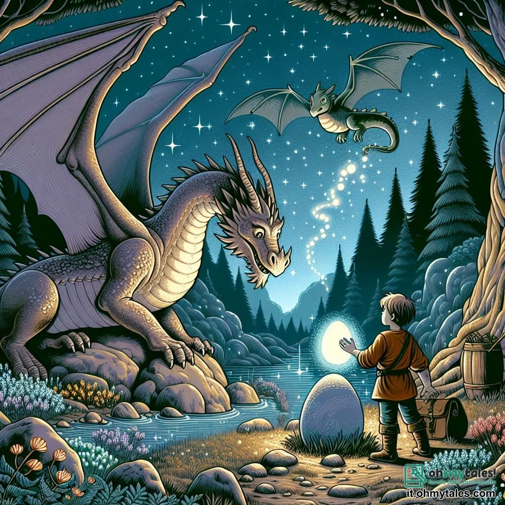 Une illustration destinée aux enfants représentant un dragon majestueux découvrant un mystérieux œuf lumineux, accompagné d'un jeune garçon courageux, dans le bosco delle Fate, un bosquet enchanté où les arbres parlent et les étoiles dansent la nuit.