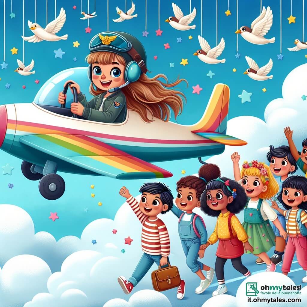 Une illustration destinée aux enfants représentant une jeune pilote d'avion intrépide, accompagnée de joyeux enfants curieux, volant au-dessus d'un ciel bleu parsemé de nuages moelleux et d'oiseaux en formation, dans un cockpit coloré et magique.