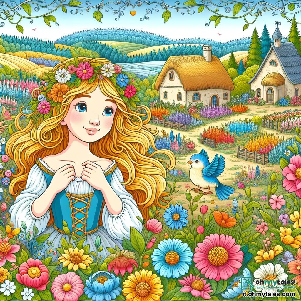 Une illustration destinée aux enfants représentant une jeune femme aux cheveux d'or, entourée de fleurs multicolores, accompagnée d'un petit oiseau bleu, dans un village enchanteur bordé de champs de fleurs odorantes et de jardins magiques.