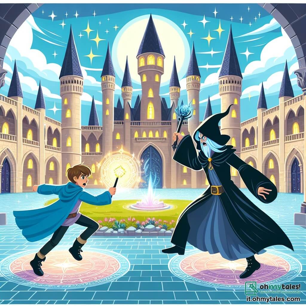 Une illustration destinée aux enfants représentant un jeune sorcier talentueux affrontant un sorcier maléfique dans la majestueuse cour de la Scuola di Magia di Avalon, entourée de torri scintillantes et de murs incantés.