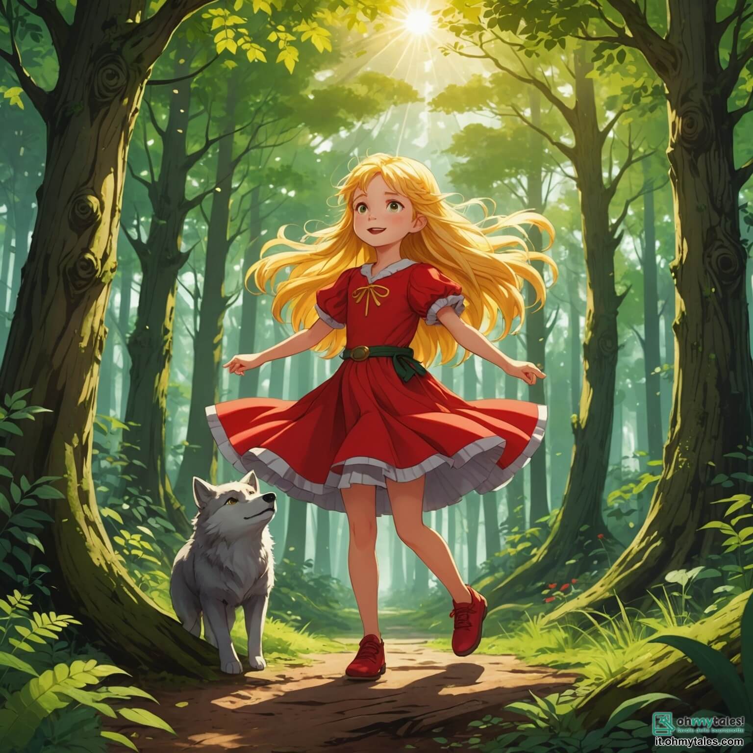 Une illustration destinée aux enfants représentant une petite fille aux cheveux dorés comme les rayons du soleil, vêtue d'une robe rouge éclatante qui danse au gré du vent, se tenant courageusement au milieu d'une forêt enchantée où les arbres majestueux, aux troncs épais et aux feuilles verdoyantes, s'entrelacent pour former un toit de verdure, tandis qu'un grand méchant loup, aux yeux jaunes perçants et au pelage gris comme les nuages d'orage, se dresse devant elle, prêt à l'affronter, tandis qu'un groupe d'oiseaux colorés, perchés sur les branches, observe la scène avec curiosité, et où le doux murmure d'un ruisseau serpentant à travers les rochers ajoute une touche de magie à cette rencontre inattendue.