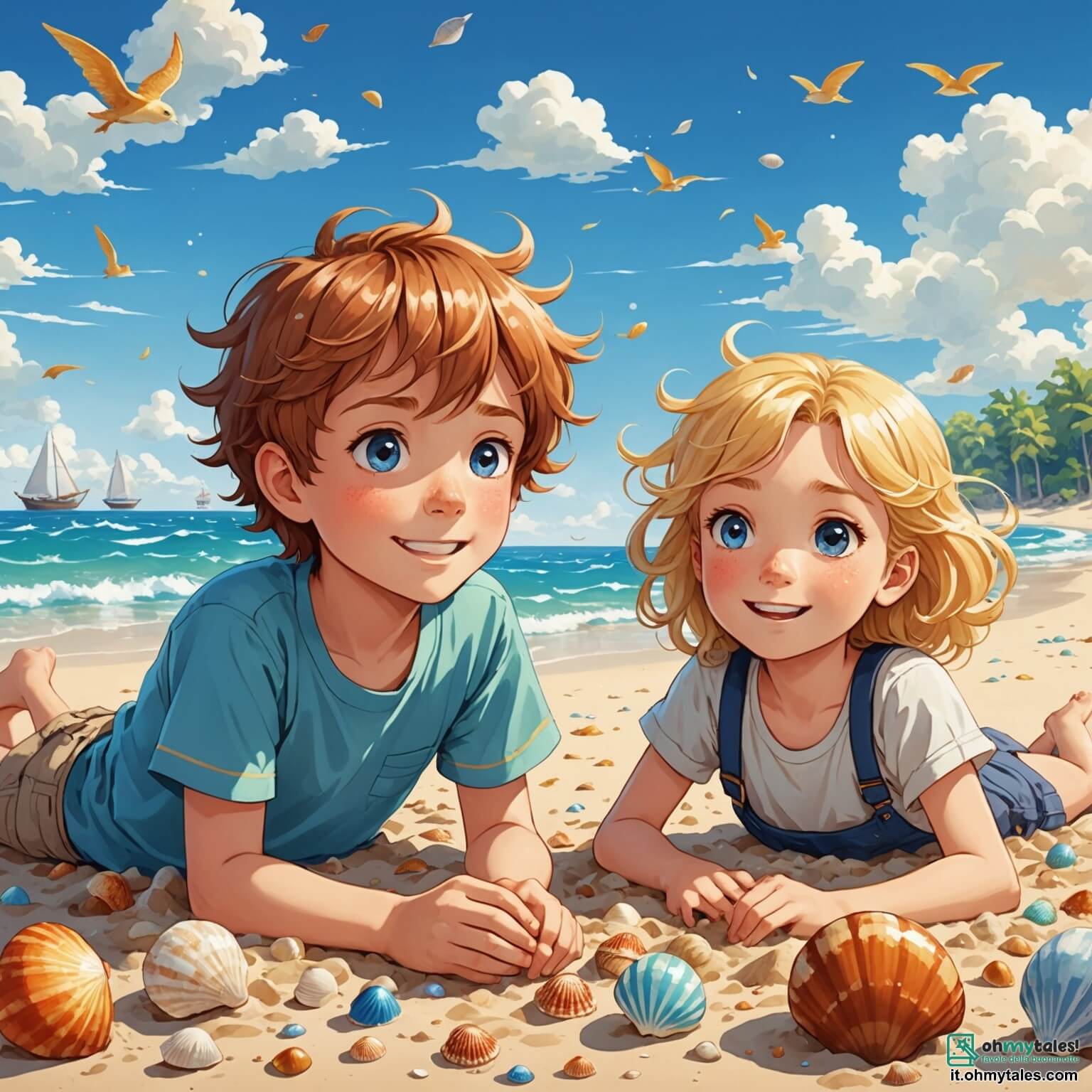 Une illustration destinée aux enfants représentant un garçon aux cheveux châtains, aux yeux pétillants de curiosité, qui rêve de vacances d'été ensoleillées sur une plage dorée, où les vagues dansent sous le soleil éclatant, tandis qu'une fille aux cheveux blonds et aux rires contagieux l'invite à construire des châteaux de sable scintillants, entourés de coquillages colorés et d'un ciel bleu parsemé de nuages cotonneux.