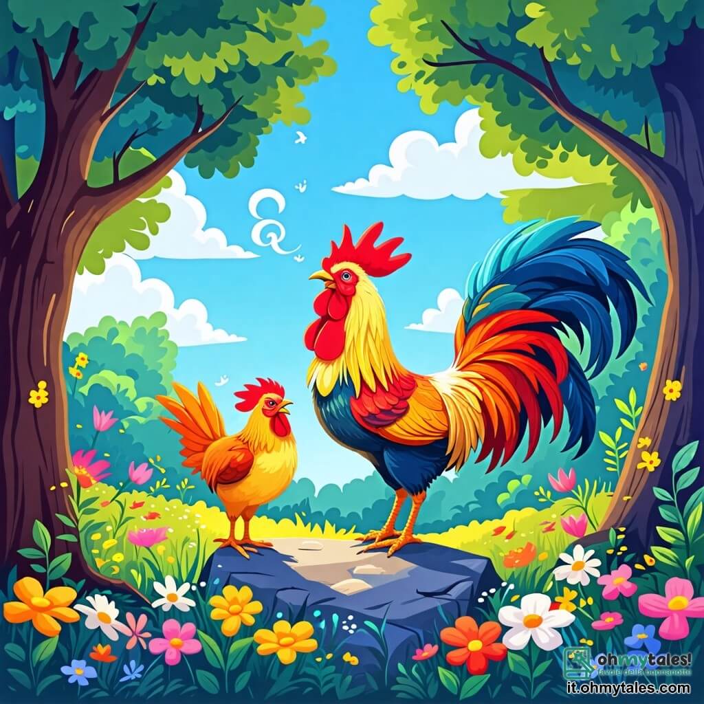 Illustrazione che rappresenta una scena incantata in una foresta luminosa, dove grandi alberi dai tronchi robusti si ergono verso un cielo blu punteggiato di nuvole bianche e soffici. Al suolo, un tappeto di fiori colorati danza dolcemente sotto la leggera brezza, creando un'atmosfera gioiosa e accogliente. Al centro dell'immagine, un gallo sfavillante con piume dorate scintillanti si erge orgogliosamente su una pietra, con le ali leggermente spiegate, cantando con entusiasmo. Il suo becco è aperto, lasciando sfuggire un « Chicchirichì! » che risuona nell'aria, mentre i suoi occhi brillano di malizia scrutando i dintorni. Accanto a lui, una piccola volpe dalla pelliccia rossa, con grandi occhi espressivi, osserva con ammirazione e speranza. Sembra pronta ad avventurarsi, il corpo leggermente inclinato in avanti, come se aspettasse un segnale per agire. La situazione principale mostra il gallo che incoraggia la volpe a superare la sua tristezza, circondati da fiori brillanti e da una luce dorata che illumina la scena. Sullo sfondo, altri animali della fattoria, come una piccola pecorella dal manto morbido e un maialino curioso, si avvicinano, testimoniando l'amicizia e la solidarietà che regnano in questa avventura.