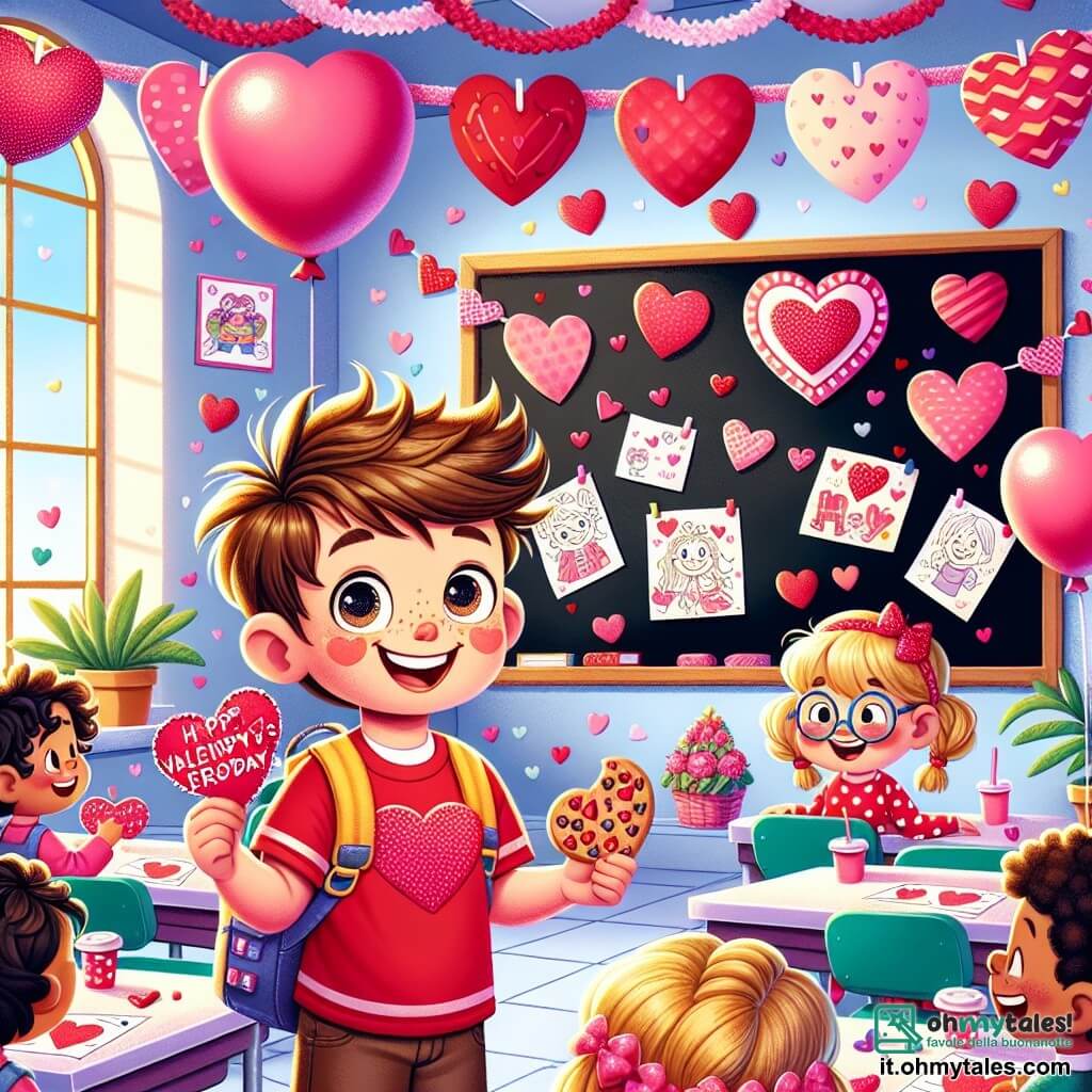 Illustrazione che rappresenta un'aula decorata per San Valentino. Le pareti sono adornate con ghirlande di cuori di carta rossa e rosa, mentre palloncini a forma di cuore fluttuano sul soffitto. Al centro, una grande lavagna nera è circondata da disegni colorati realizzati dai bambini. Un ragazzo di sei anni, con i capelli castani arruffati e occhi scintillanti, indossa una maglietta rossa con un grande cuore. Sorride felicemente, tenendo un biscotto a forma di cuore nella mano. Accanto a lui, una ragazza di sei anni, con capelli biondi intrecciati e occhiali rotondi, indossa un vestito rosa a pois. Ride mentre tiene un cuore di carta che ha appena decorato. La scena mostra i bambini che giocano a un gioco in cui si passano un cuore di carta di mano in mano, ognuno deve dire una cosa gentile su un amico. Risate riempiono l'aria, e un'atmosfera gioiosa e amichevole emana dalla scena. Sui tavoli, piatti di biscotti a forma di cuore e biglietti d'auguri colorati aggiungono un tocco festivo all'insieme.